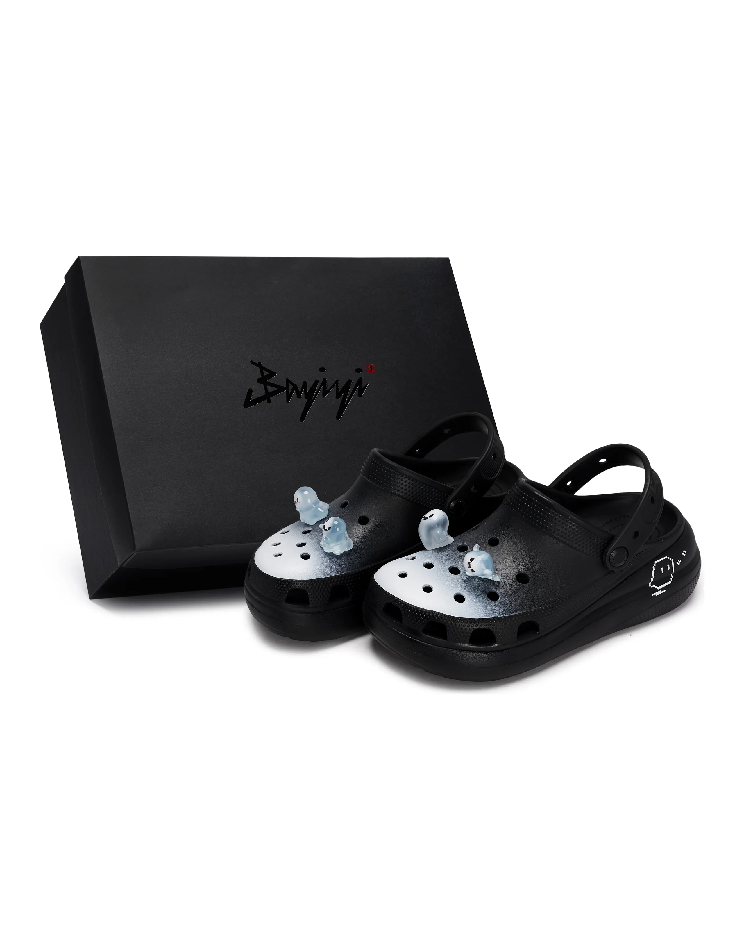 [Custom Shoes] Crocs Classic Clog 811 Manufacture 'Haunted Ghost' Gift Box Set EVA Ghost Whimsical Cute Detachable 'Cloud Comfort' Clogs Unisex Black White