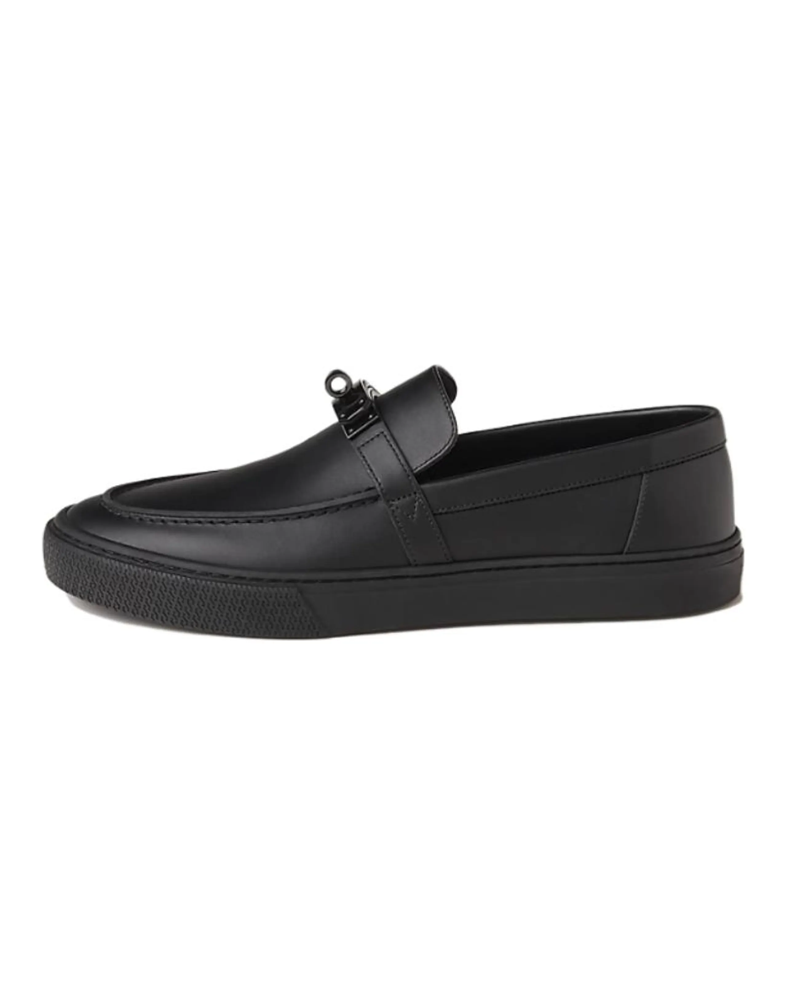 HERMES Game Round Toe Slip-On Loafers Men's Black