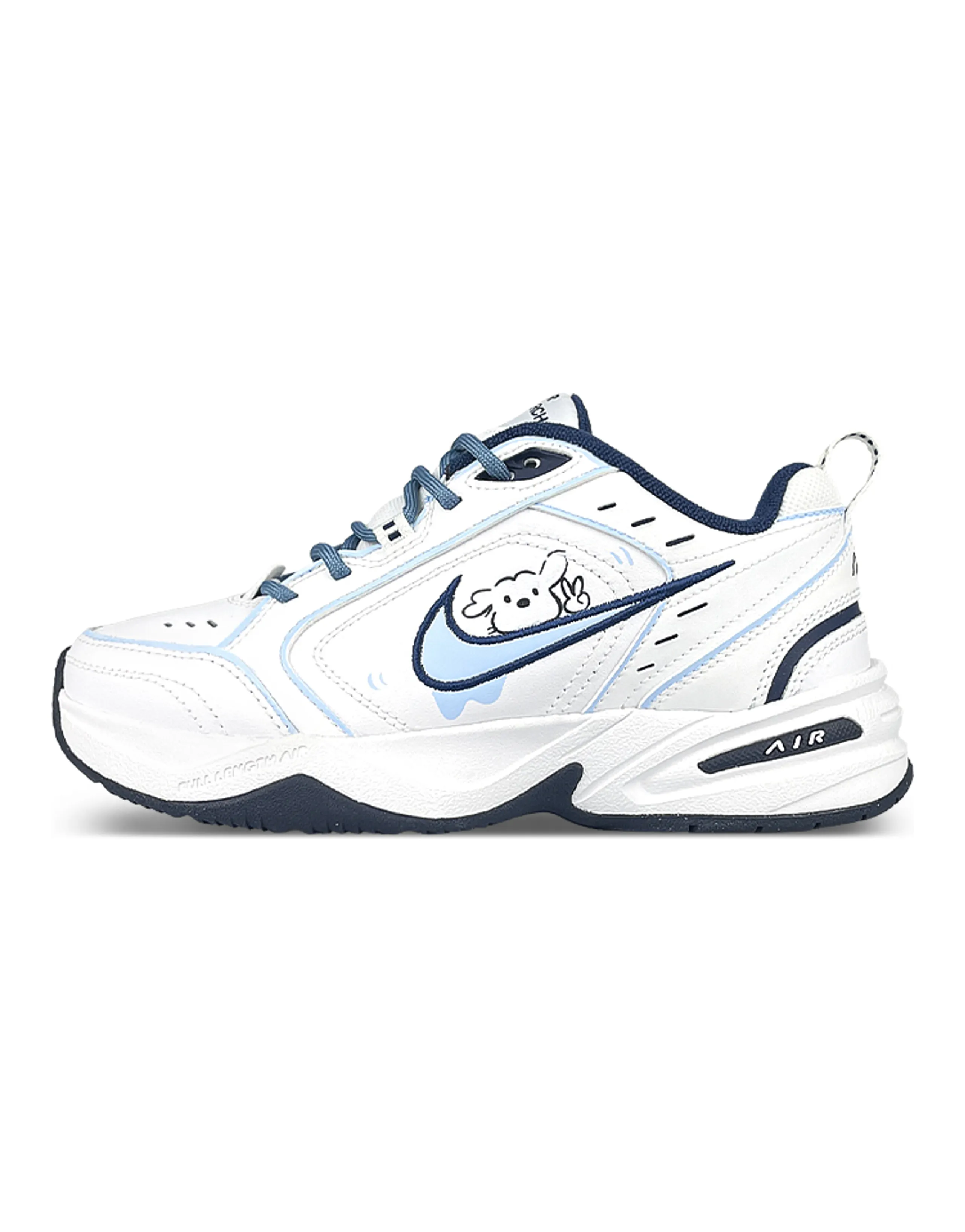 Nike Air Monarch 4 White Navy Abrasion Resistant Low Top Chunky Sneakers Unisex White Blue