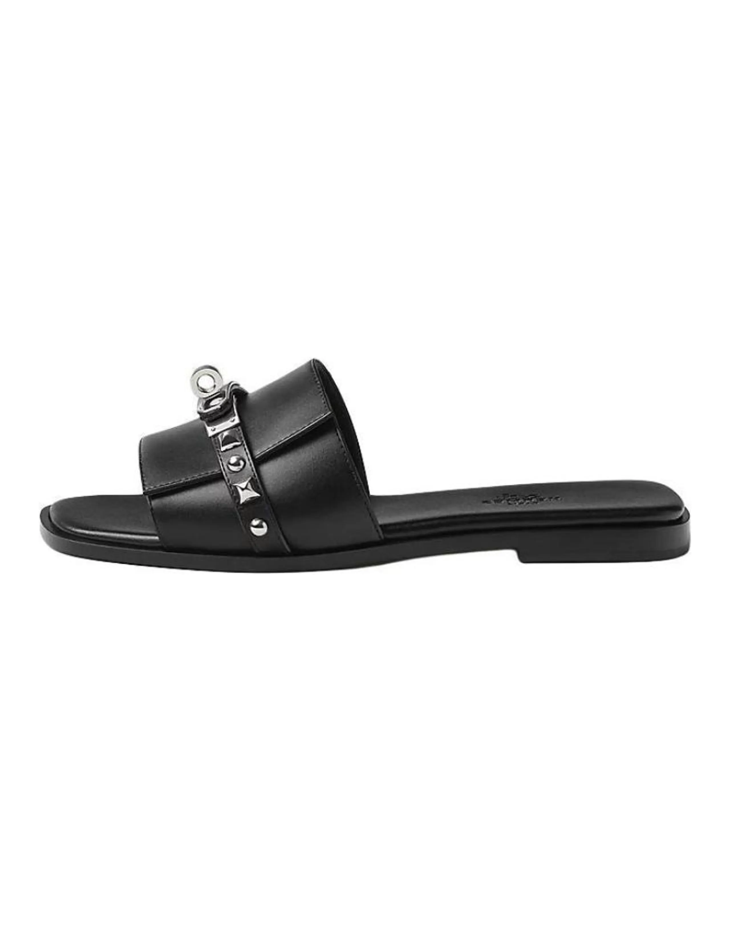 HERMES Giulia Calfskin Round Toe Open Toe Slide Sandals Women's Black