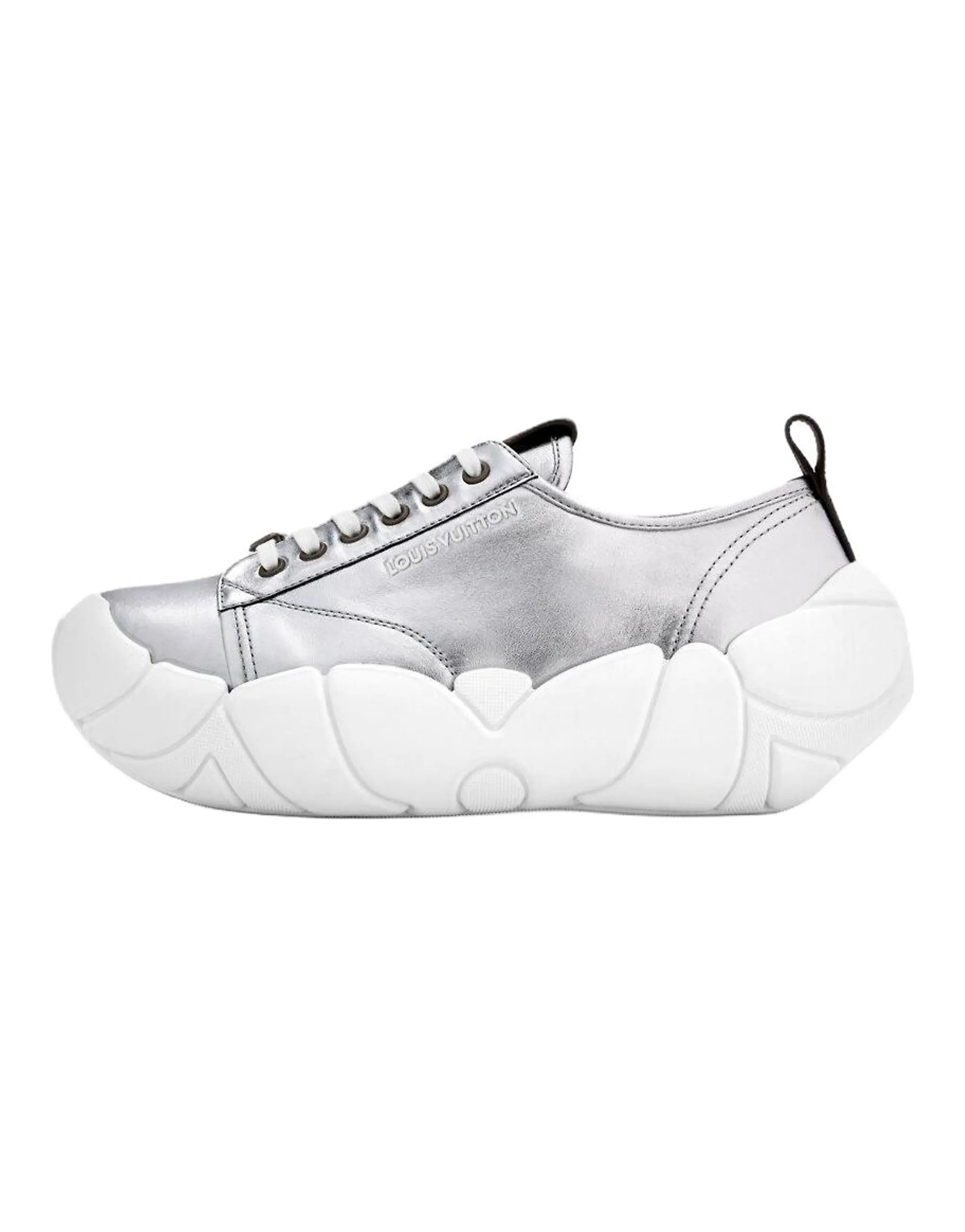 LOUIS VUITTON Bubble Lambskin Leather Metallic Round Toe Lace-Up Low-Top Casual Shoes Women's Silver