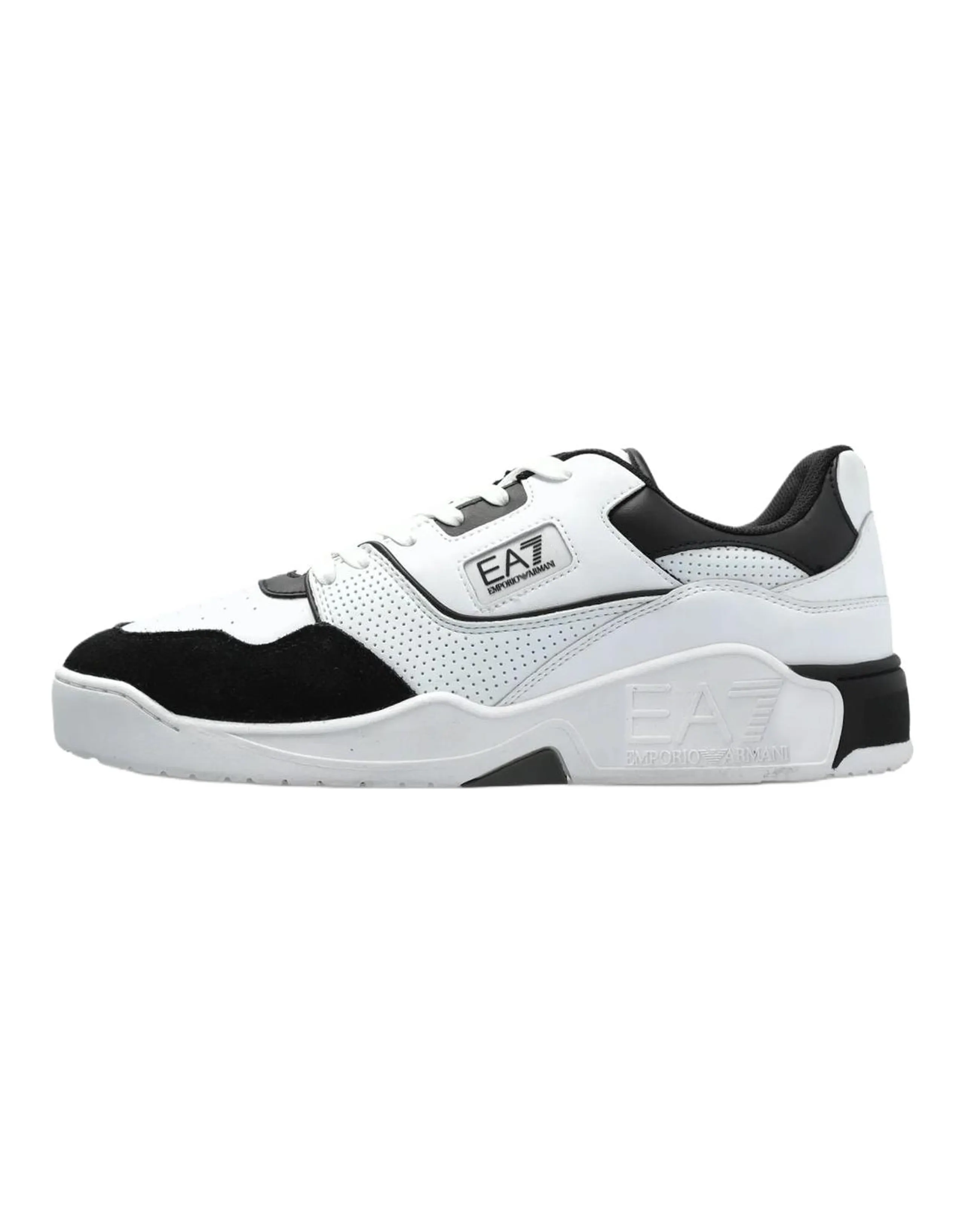 EMPORIO ARMANI EA7 Cow Split Leather Perforated Round Toe Lace-Up Logo Print Low-Top Sneakers Unisex White/Black