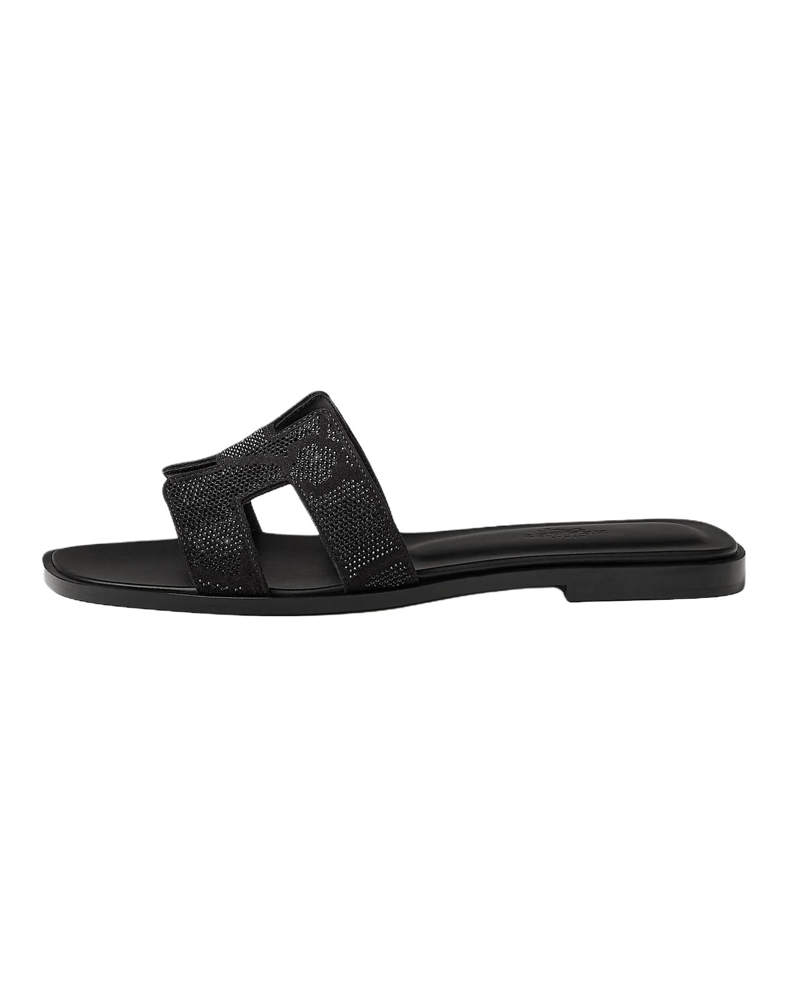 HERMES Women's Oran Suede Goatskin Slide Sandals Black