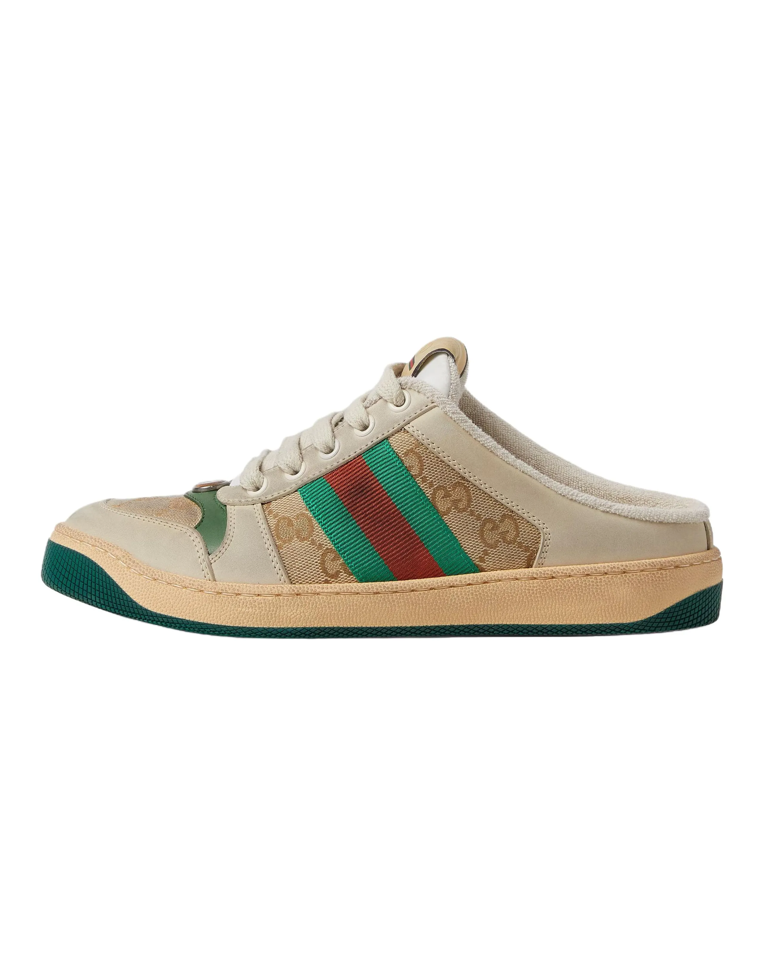 GUCCI Screener Round Toe Lace-Up Mules Rubber Toe-Cap Slides Women's Beige
