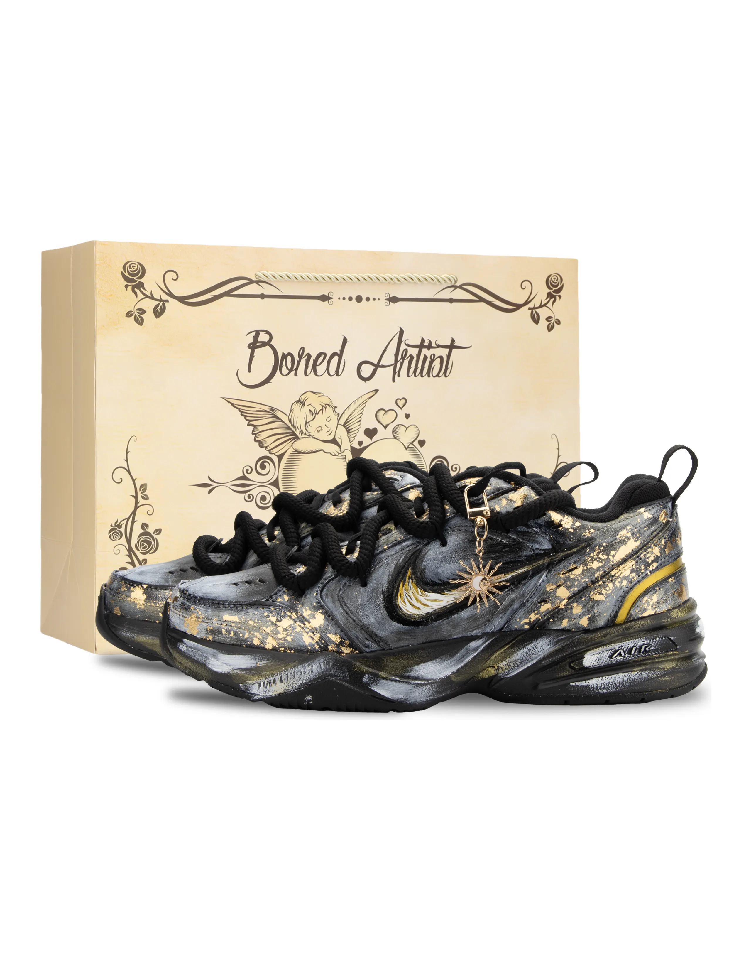 [Custom] Nike Air Monarch 4 'River Moon' Gradient Foil Deconstructed Dad Shoes Unisex Black Gold