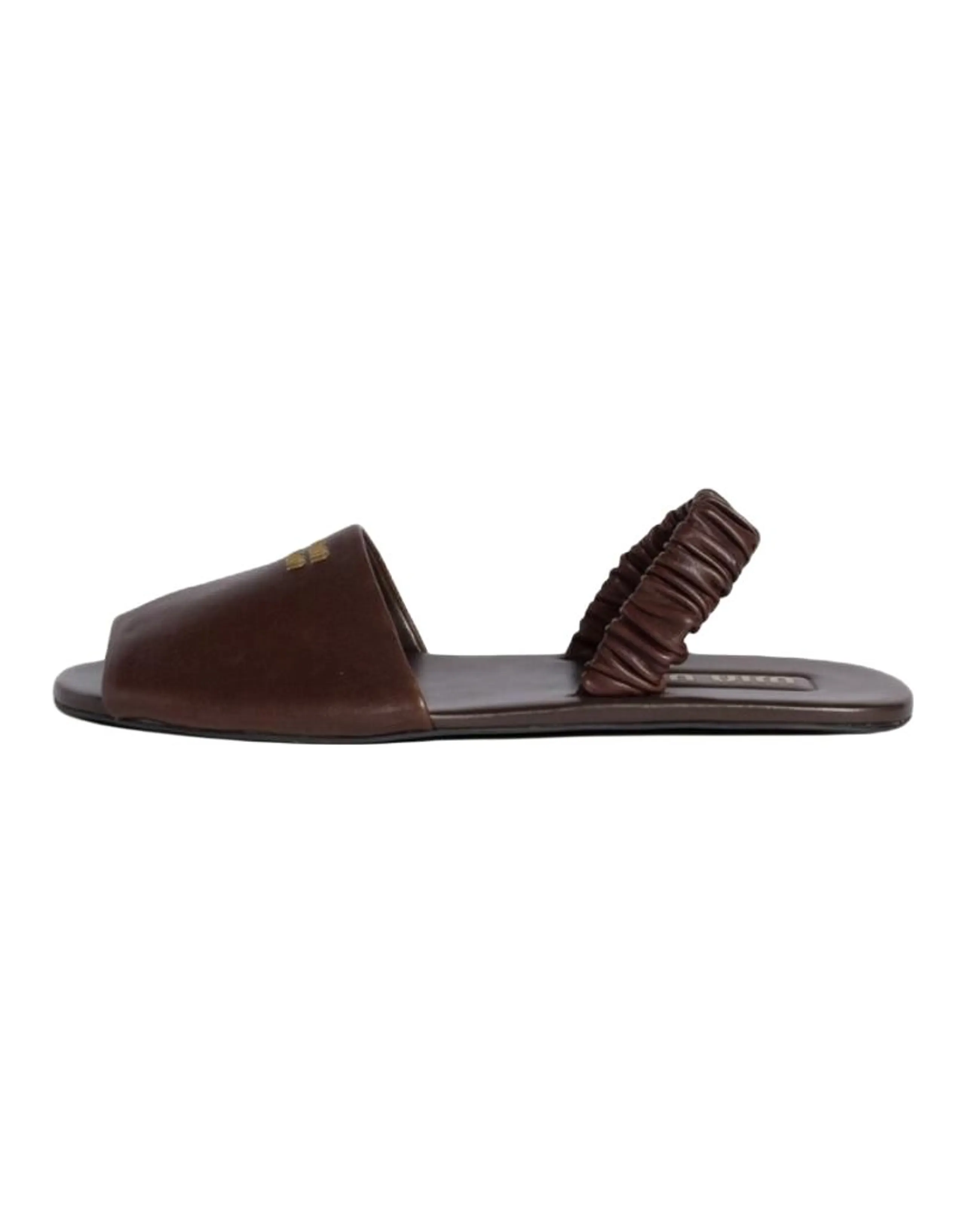 MIU MIU Nappa Leather Round Toe Slip-On Pleated Detail Single Strap Sandals Women's Brown