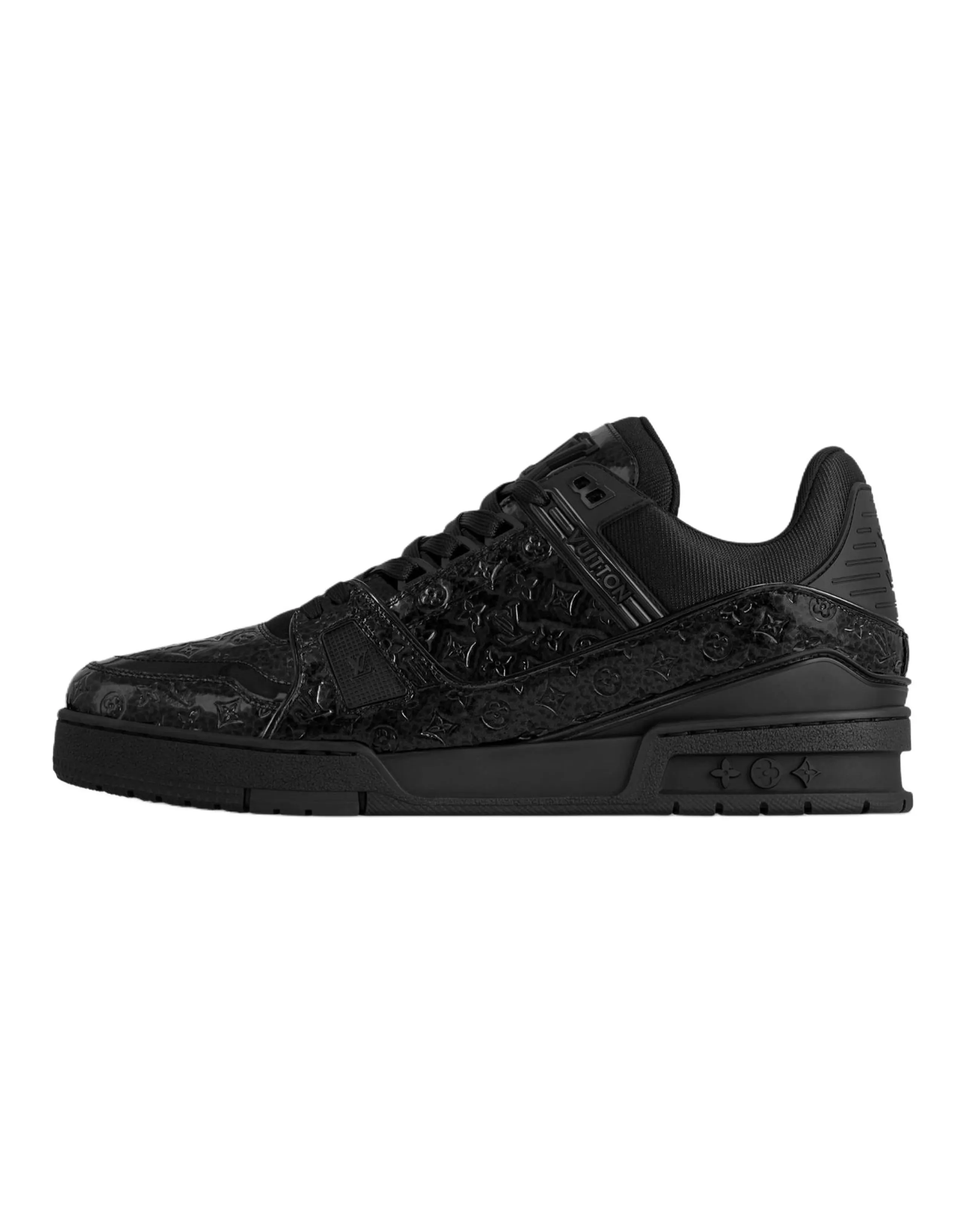 LOUIS VUITTON Trainer Calfskin Leather Round Toe Lace-Up Embossed Logo Low-Top Sneakers Men's Black