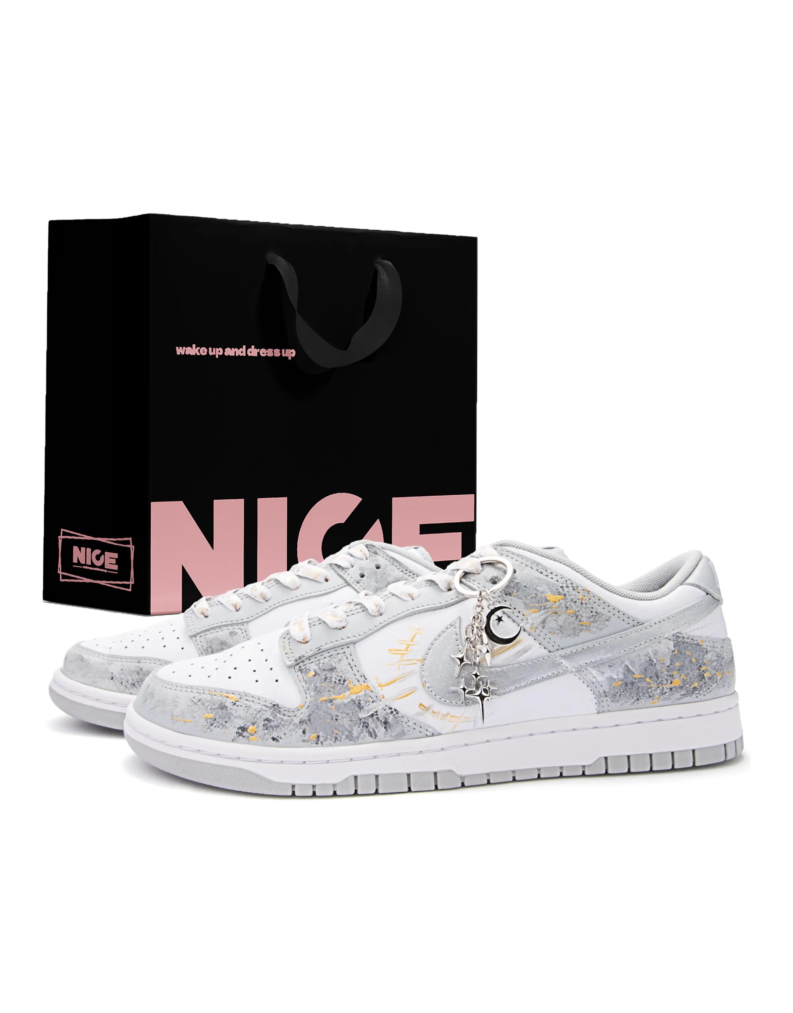Nike Dunk 'Gift Bag Galaxy Moon' Custom Tie-Dye Splatter Low-Top Skate Shoes Unisex Gray White