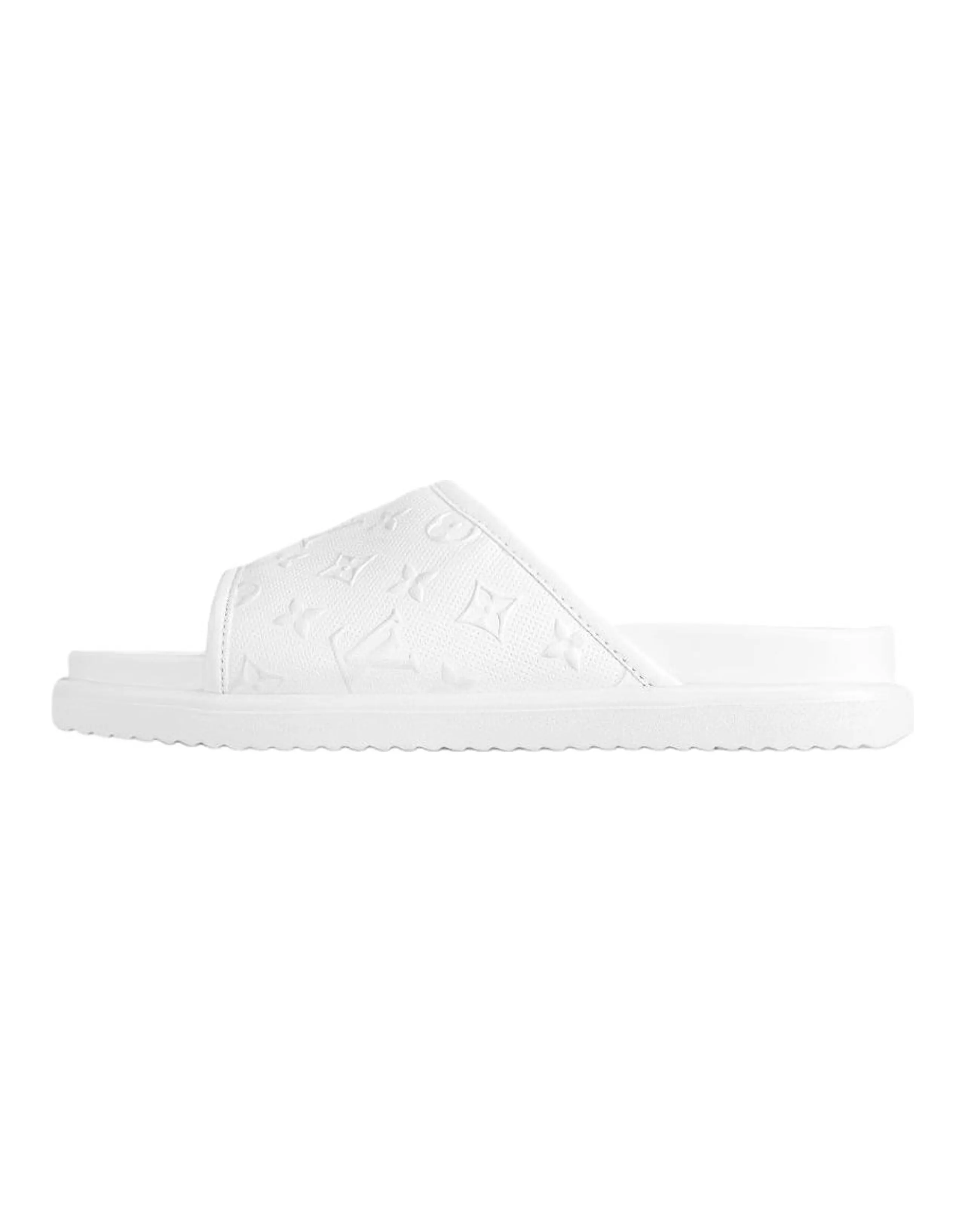LOUIS VUITTON Miami Embossed Perforated Pattern Round-Toe Flat Slide Sandals Men's White