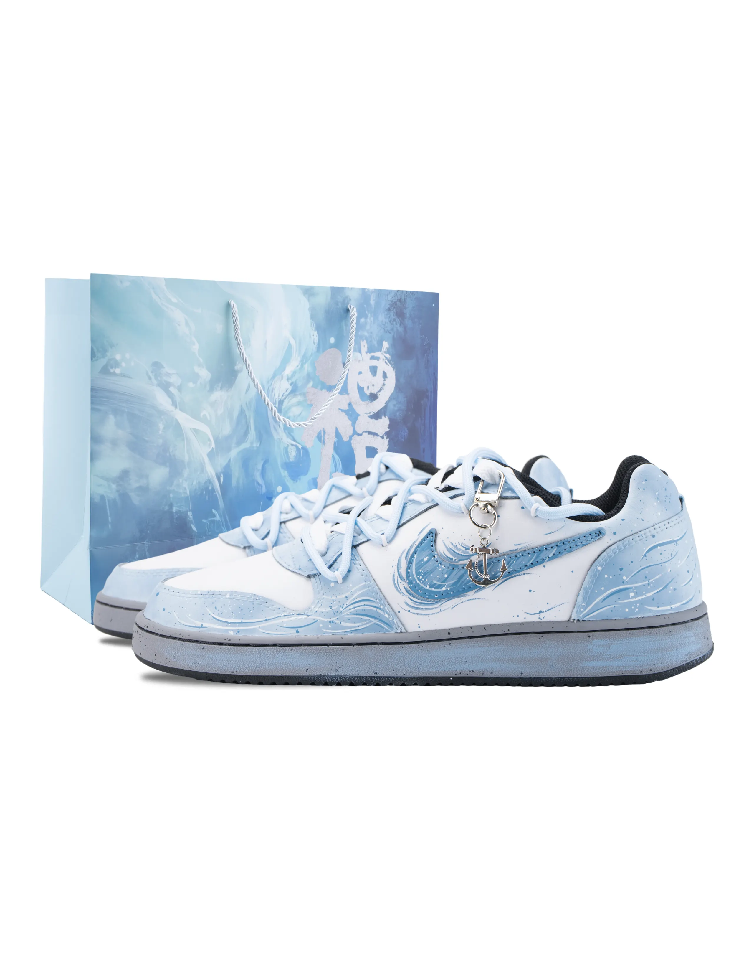 Custom SneakersNike EBERNON White Waves Sand Special Gift Bag Ice Blue Contrast Hand-Dyed Seaside Summer Exclusive Clear Gradient Daily Versatile Slip-Resistant Lightweight Low-Top Skate Shoes Men's Blue/White