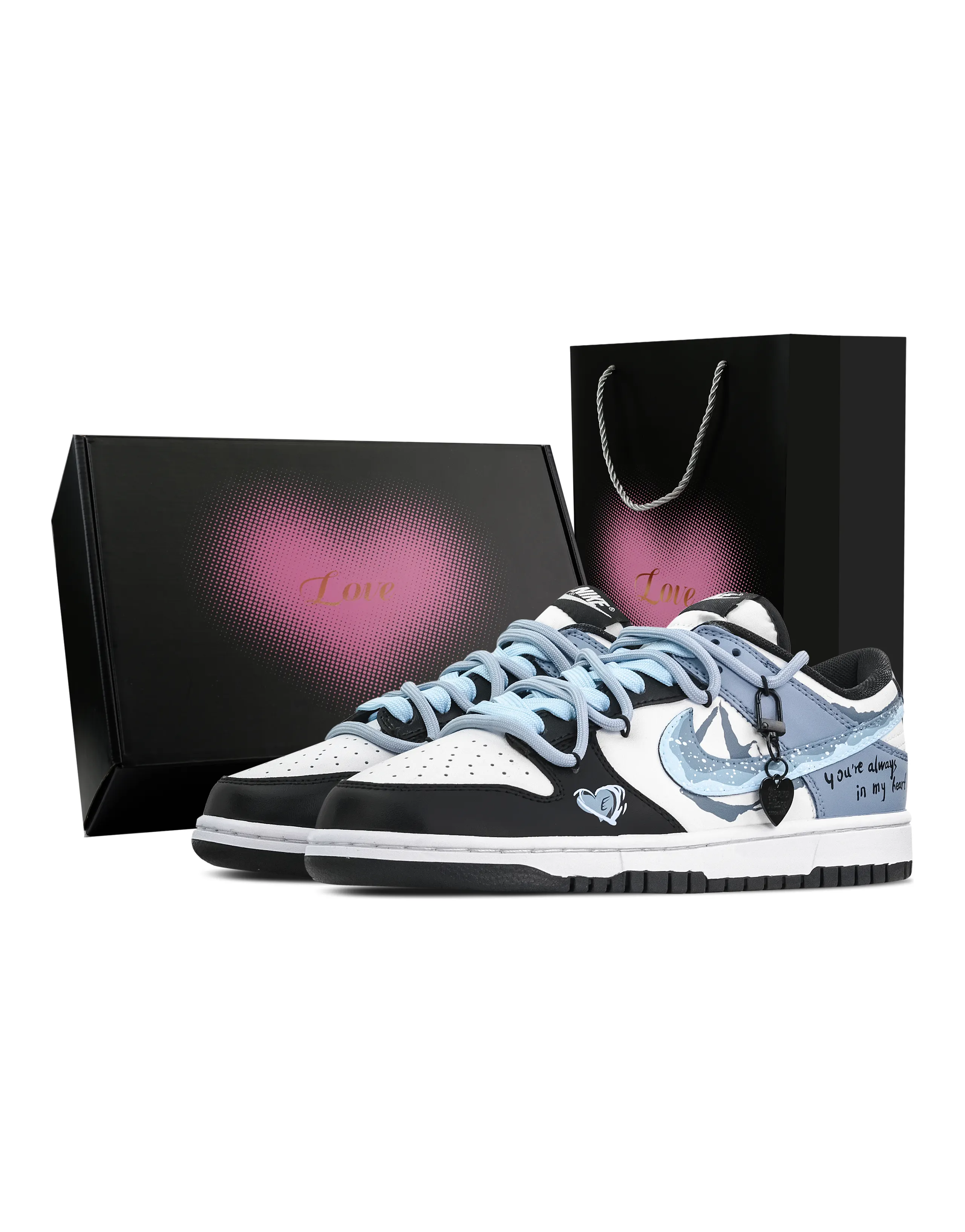Custom Nike Dunk 'Wave Ripple' Heart Gift Box Pendant English Ink Splatter Fresh Wear-Resistant Low-Top Skate Shoes Unisex Black Blue