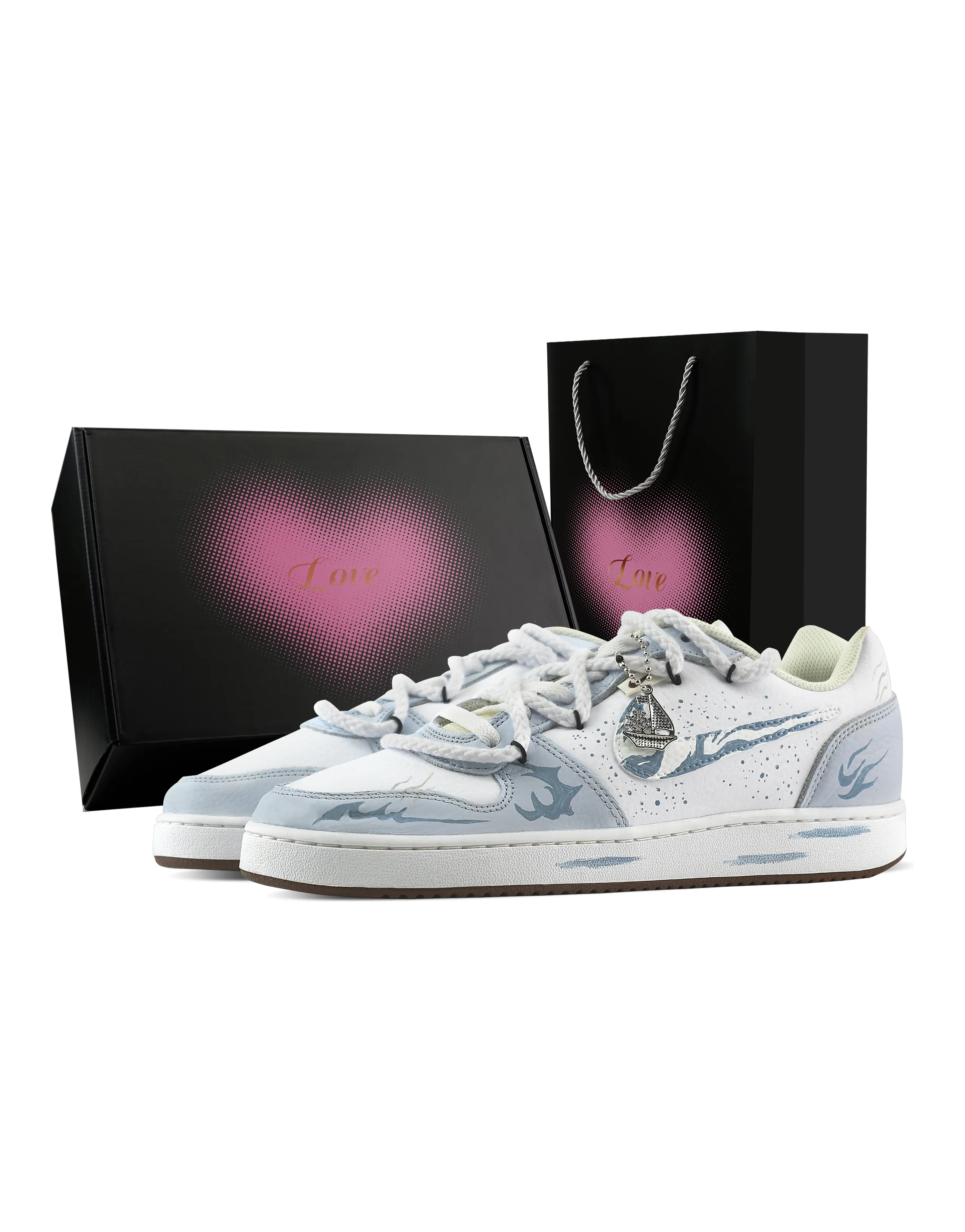 [Custom Sneakers] Nike EBERNON 'Cloud Flame Light Mist' Love Gift Box Distressed Ink Splatter Simple Personality Trendy Durable Low-Top Skate Shoes Men's