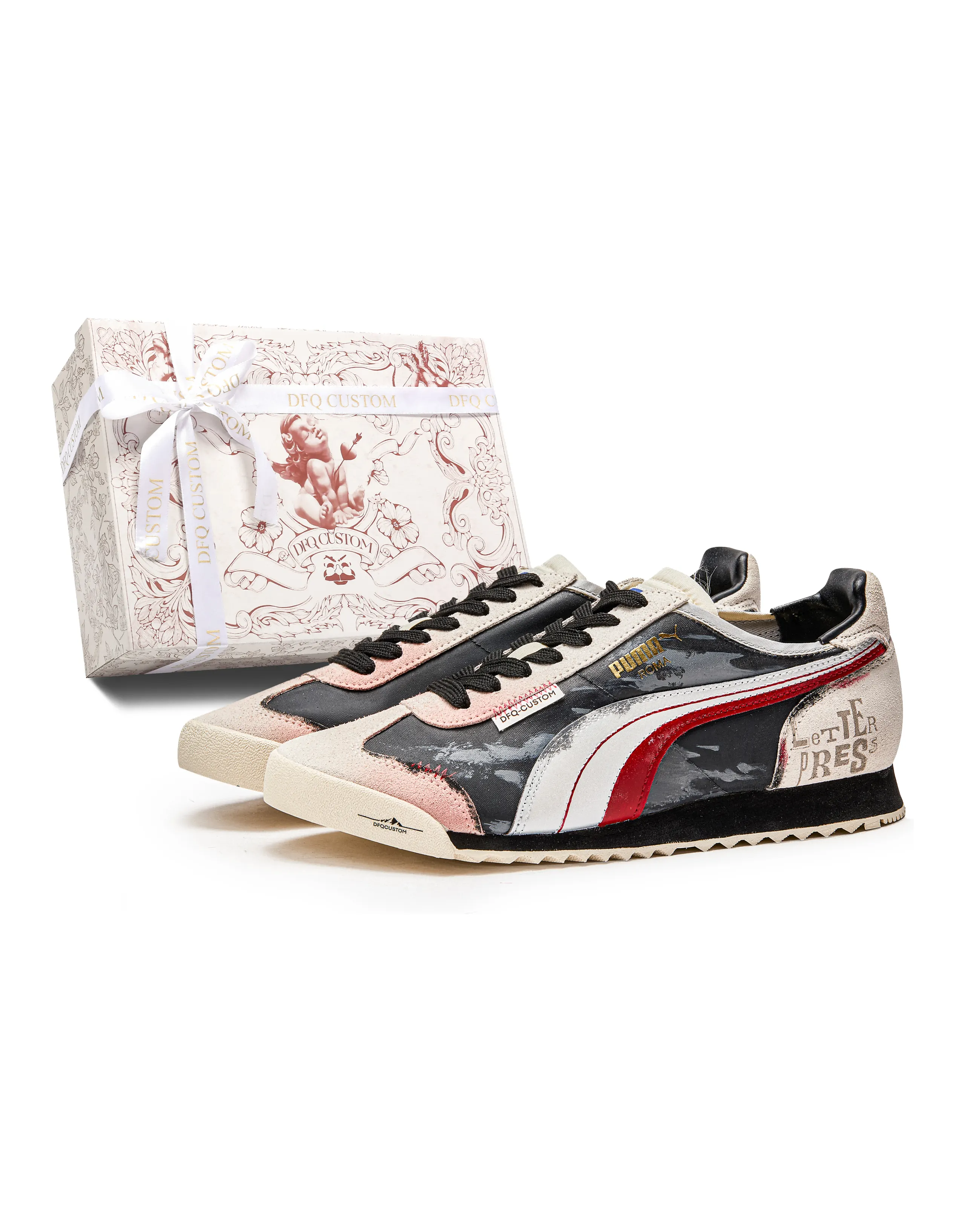 [Custom Sneakers] PUMA Roma Og Nylon Da Vinci Gift Box Heatwave Graffiti Functional Deconstructed Cushioning Anti-Slip Wear-Resistant Low-Top Training Shoes Unisex Beige Black Red