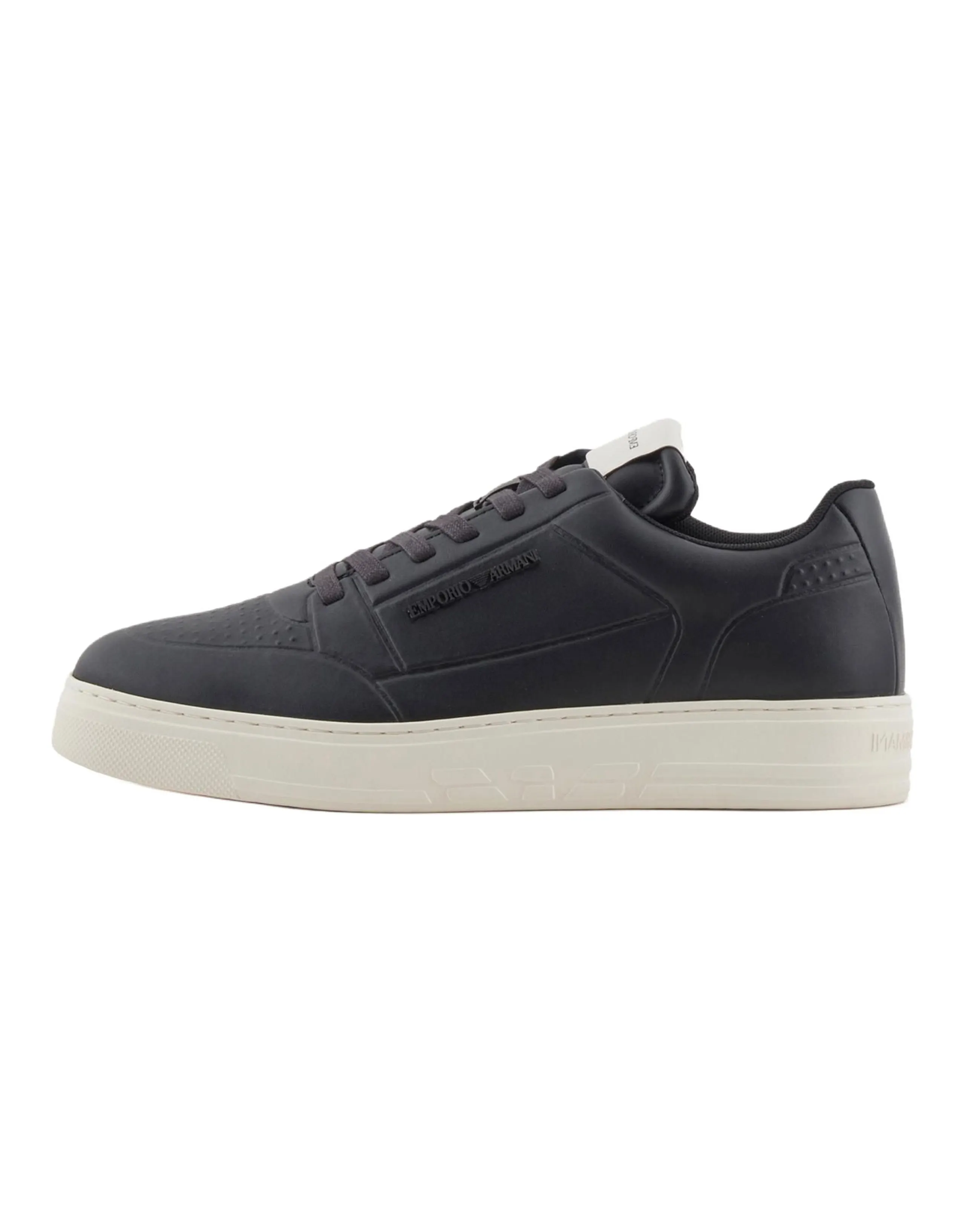 EMPORIO ARMANI Cowhide Round Toe Lace-Up Solid Color Flat Low-Top Sneakers Men's Black