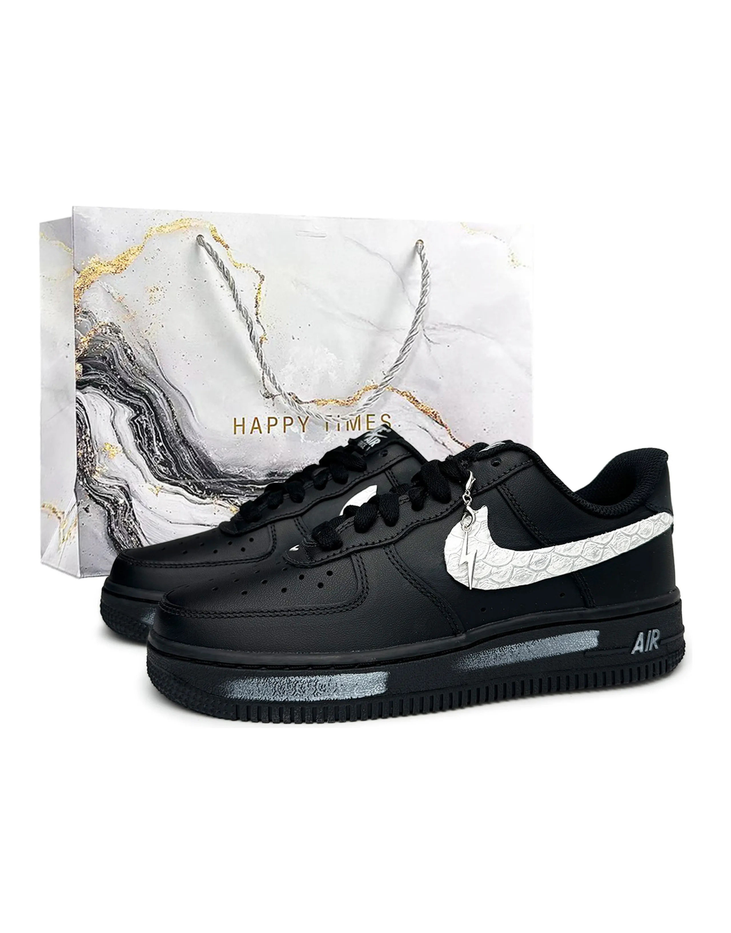 [Custom Sneakers] Nike Air Force 1 'White Scales' Gift Bag Edition Platform Low-Top Sneakers Unisex Black Silver