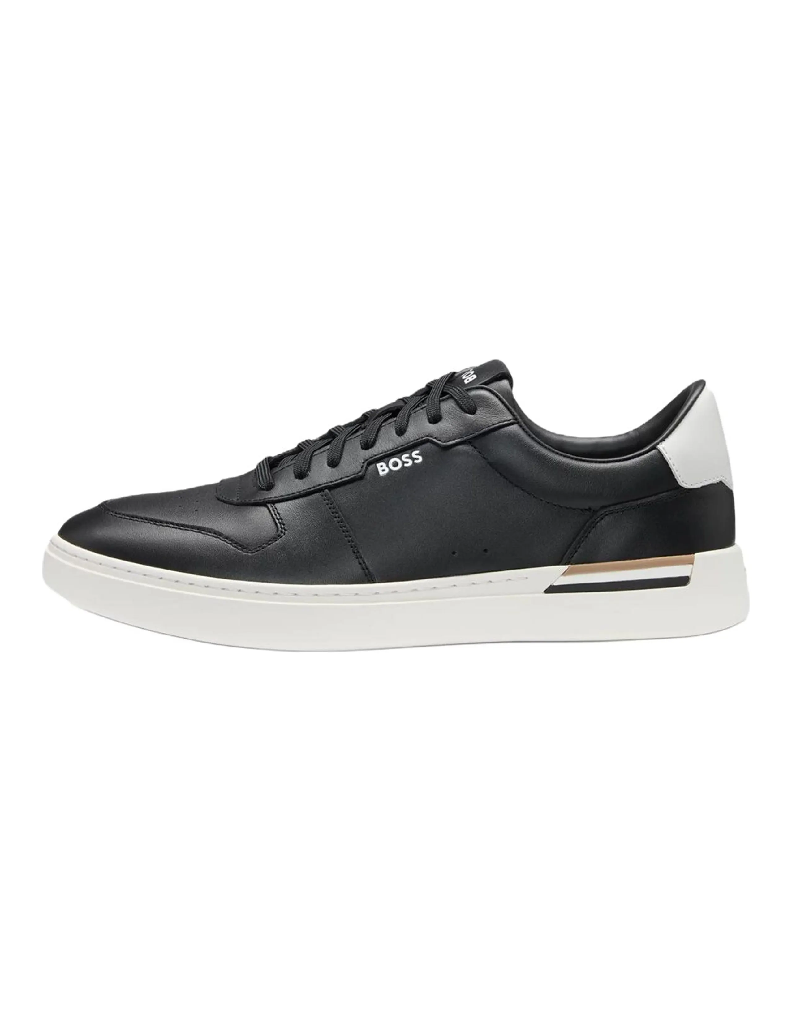 HUGO BOSS Cowhide Lace-Up Round Toe Stripe Detail Low-Top Sneakers Men's Black