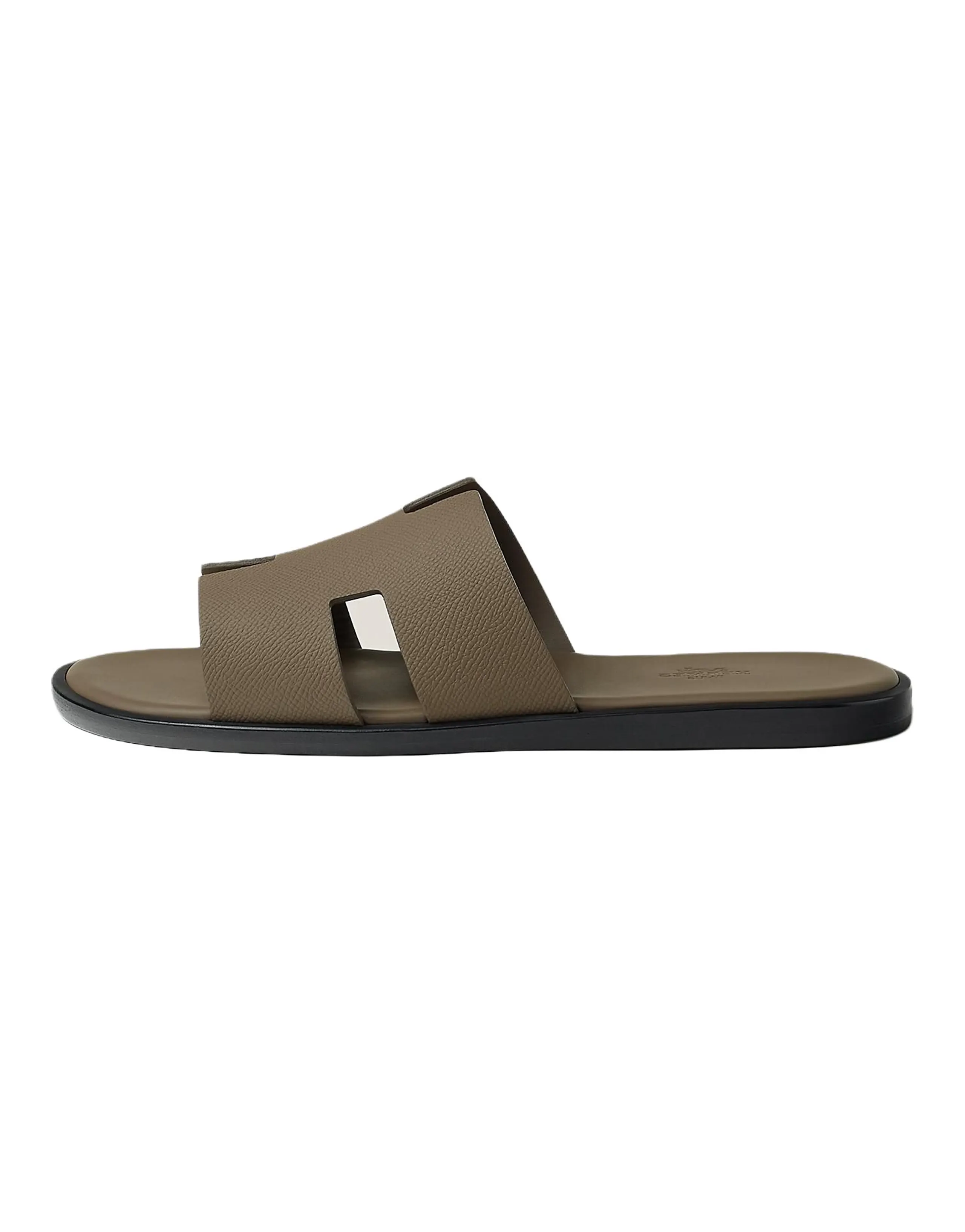 HERMES Izmir Calfskin Round Toe Slip-On H-Cutout Single Strap Sandals Men's Dark Brown