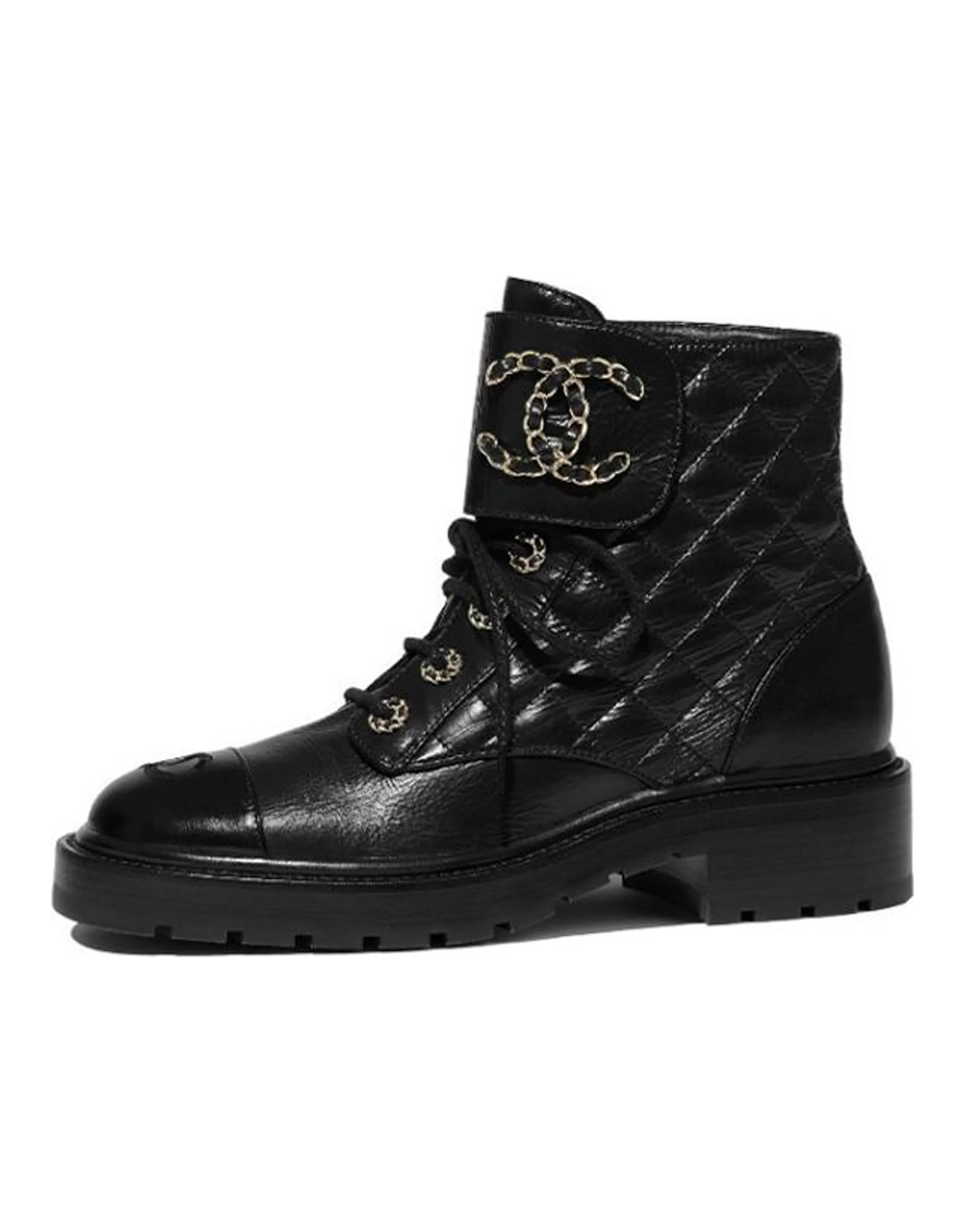 CHANEL Quilted Combat Boot Black Leather Women's