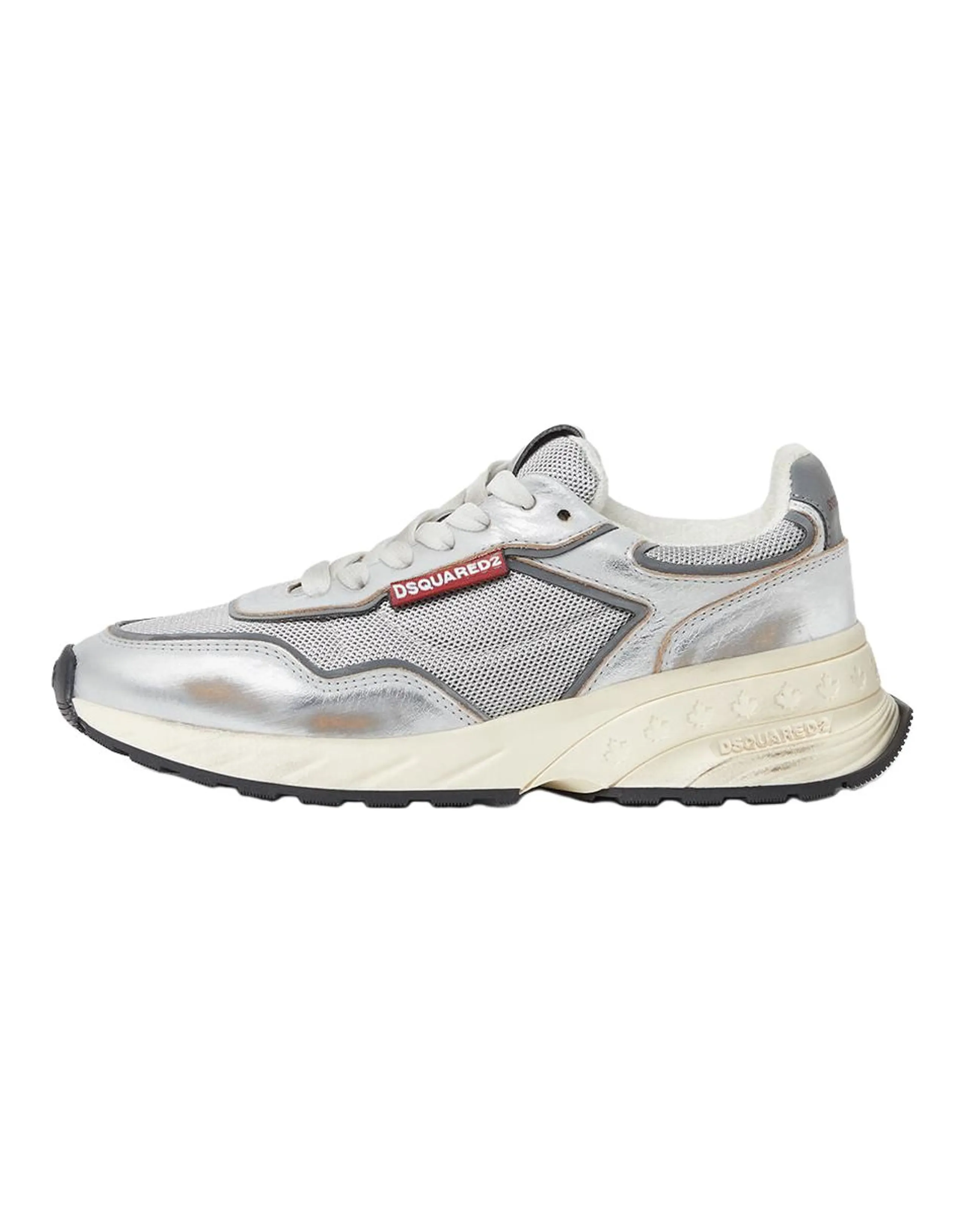DSQUARED 2 Sprinter Sneakers Calfskin Round Toe Lace-Up Low-Top Casual Shoes Women's Silver