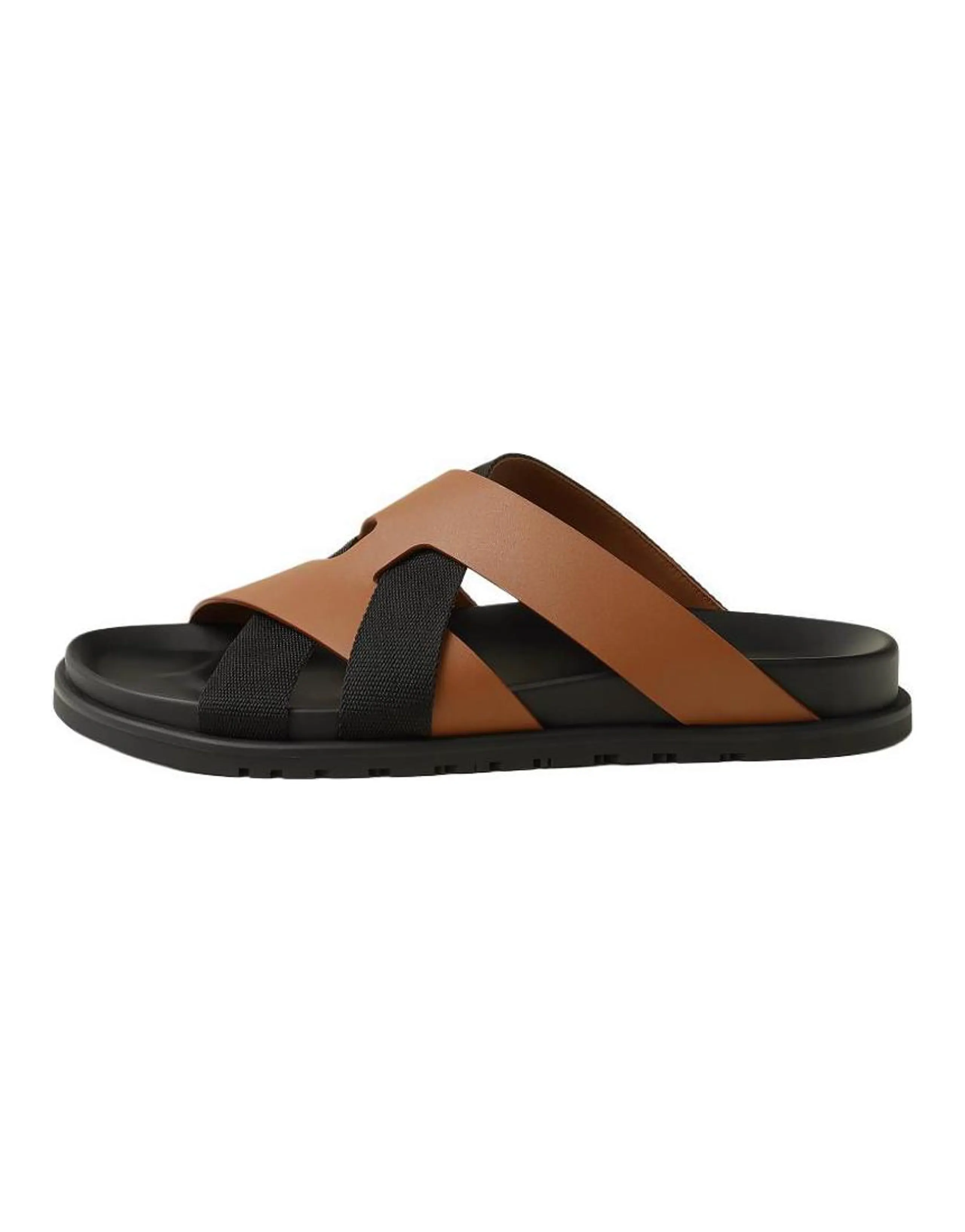HERMES Kazimir Woven Ribbon and Calfskin Open-Toe Slip-On Flip-Flops Men's Black