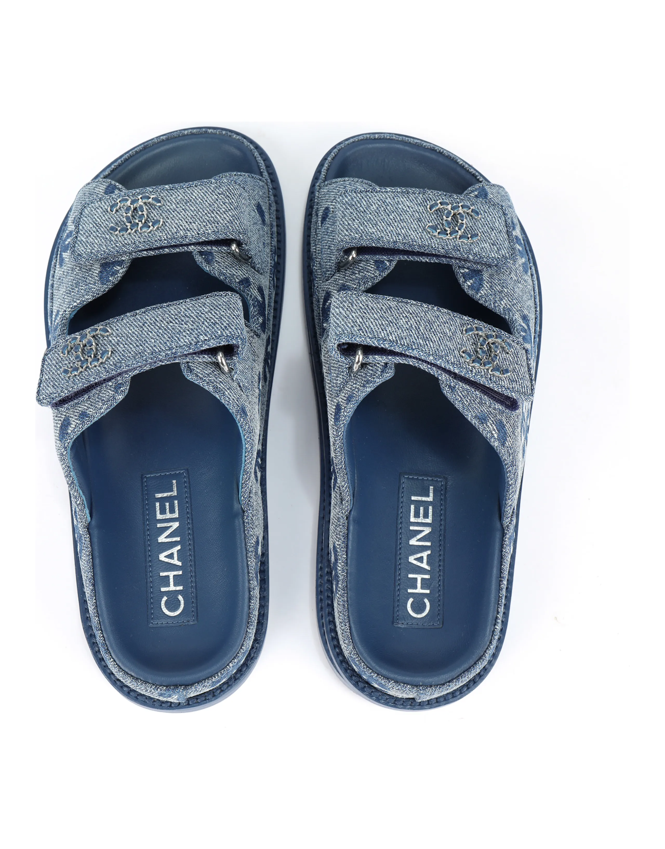CHANEL 25P 'Miel' Denim Round Toe Flat Ankle Strap Sandals Women's Blue