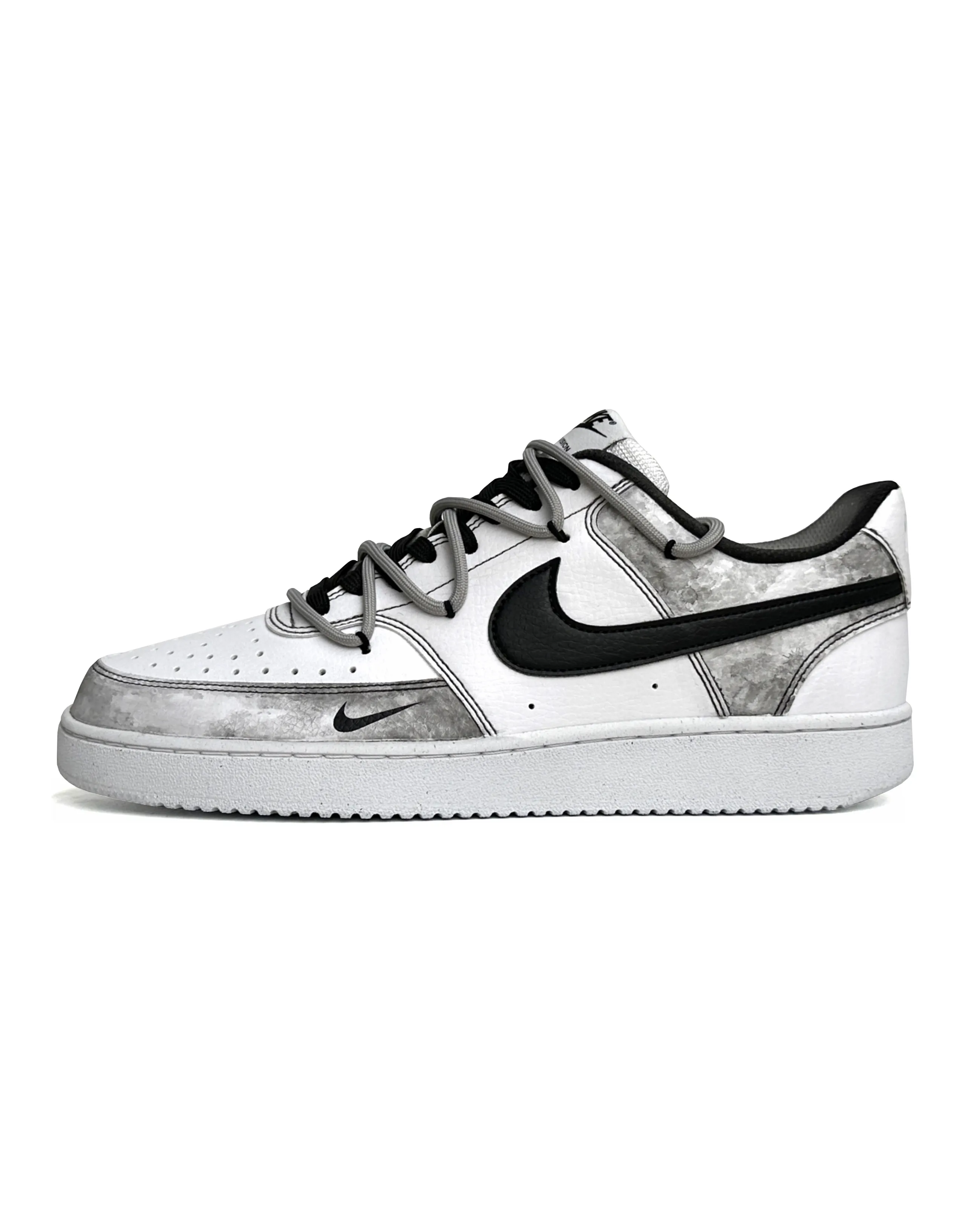 [Custom Sneakers] Nike Court Vision 1 Low Ink Wash Abstract Deconstructed Lace-Up Low-Top Skate Shoes Men's Black-Gray