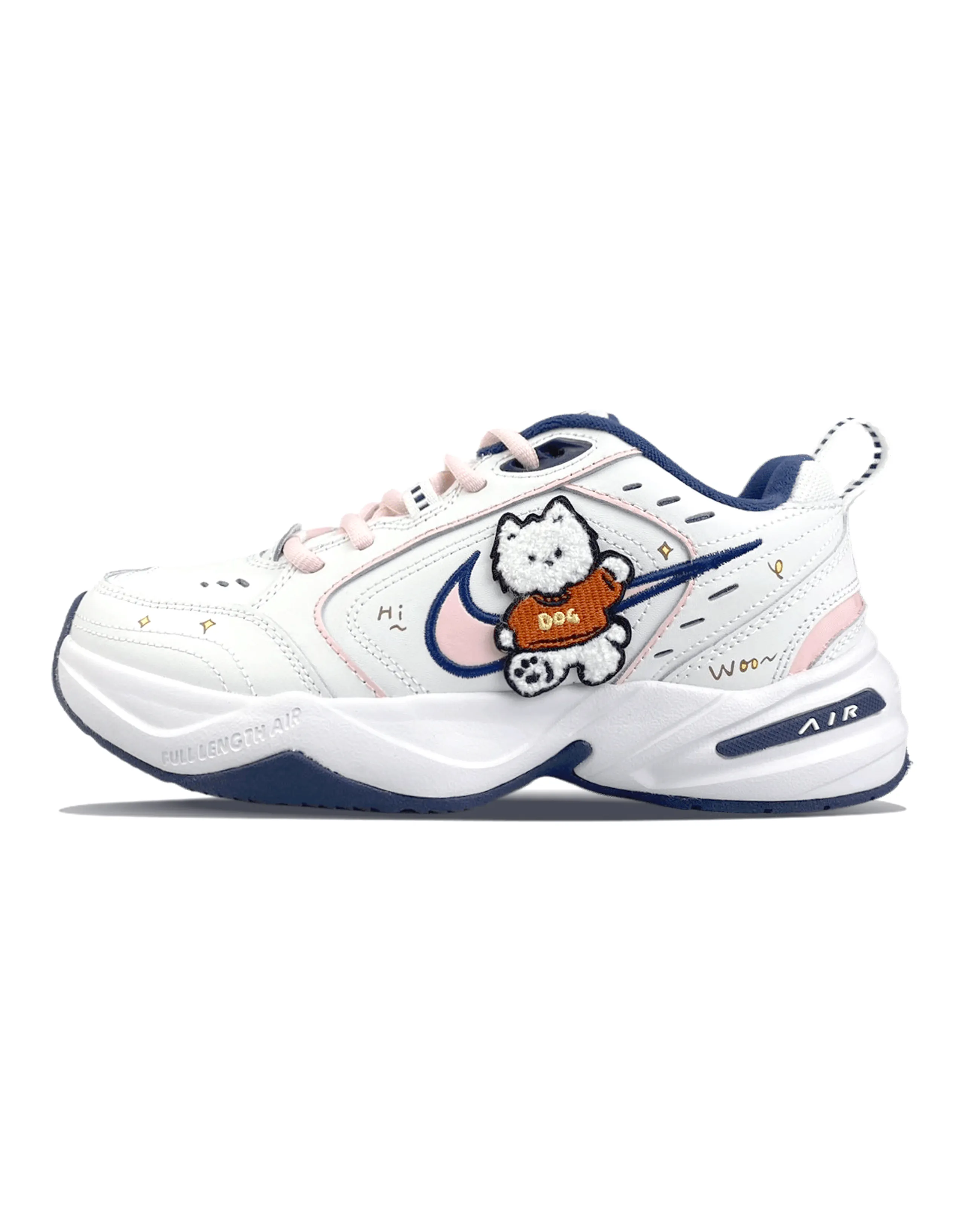 Custom Sneakers Nike Air Monarch 4 Hello Puppy Cute Fresh Patchwork Casual Versatile Anti-Slip Low-Top Dad Shoes Unisex White Pink