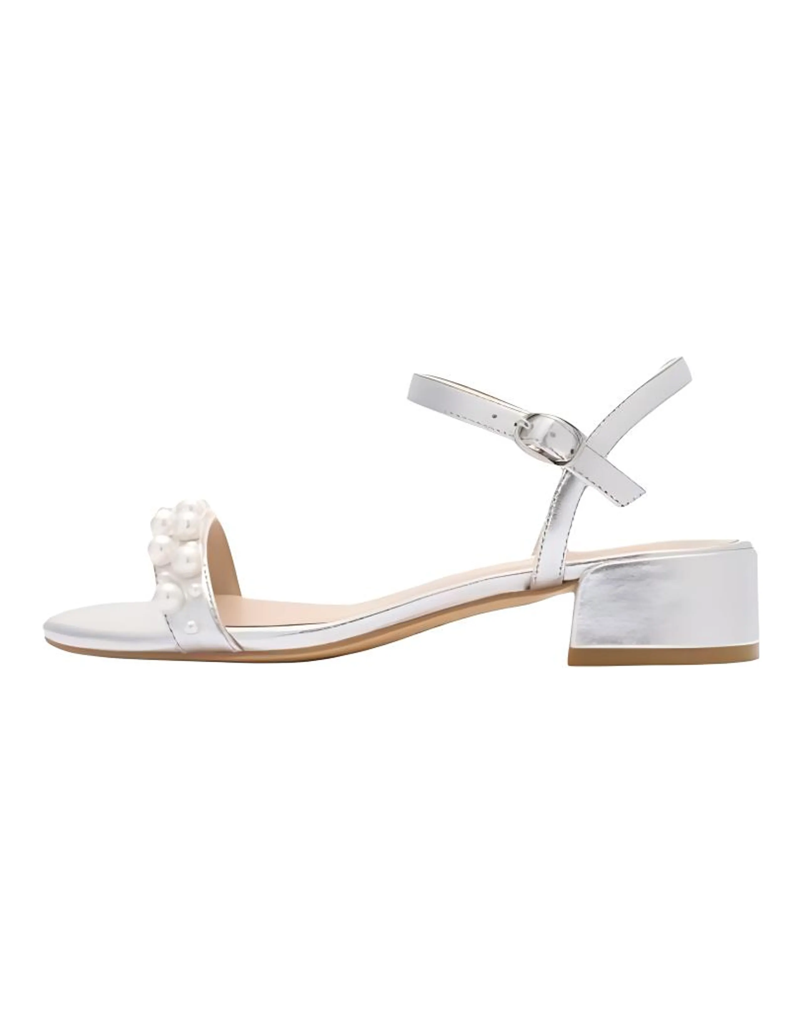 Stuart Weitzman GOLDIE 35 BLOCK SANDAL Lambskin Leather Round Toe Buckle Elegant Pearl Single Strap Sandals 3.5cm Women's Silver