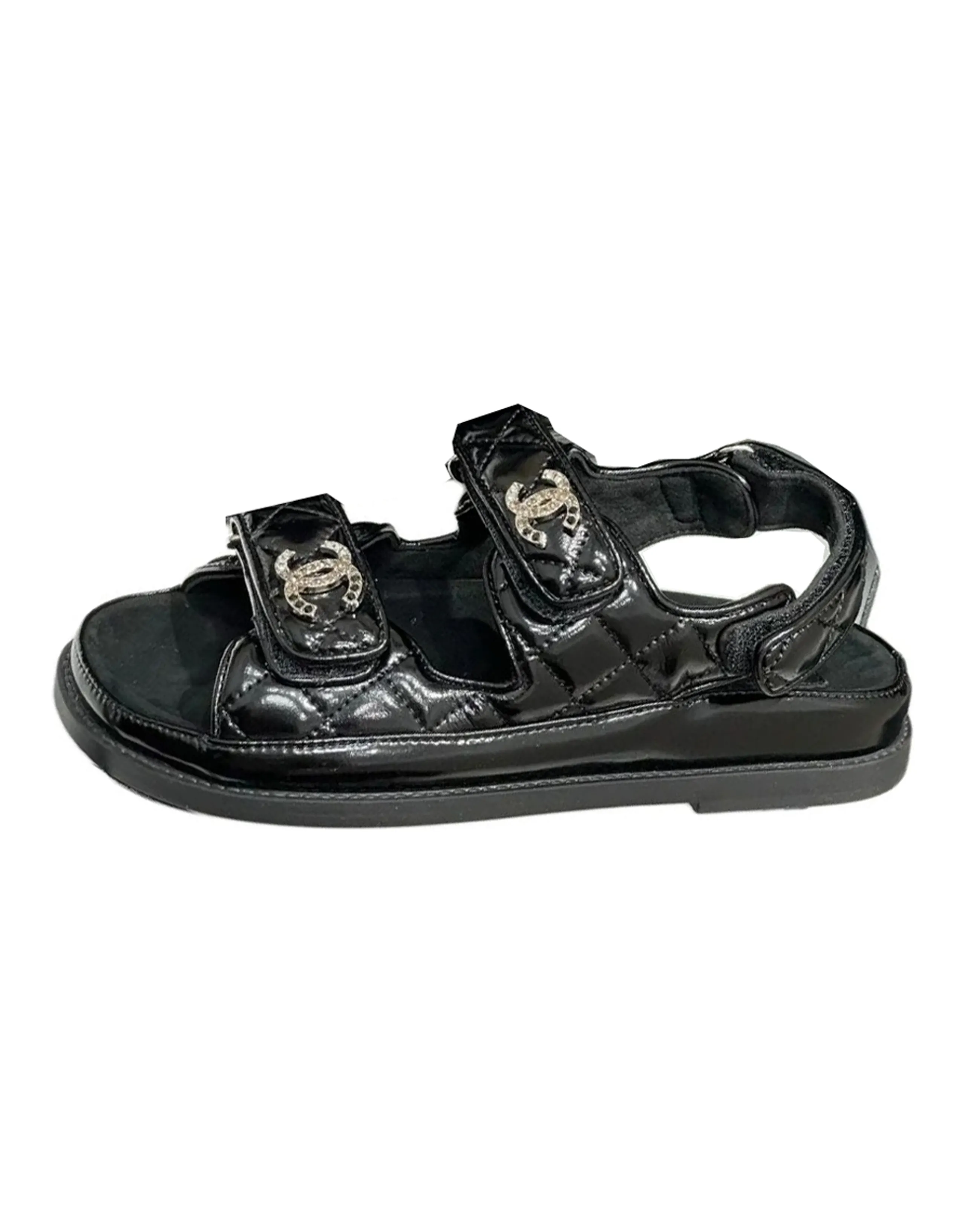 CHANEL 25S Round Toe Open Toe Single Strap Sandals Women's Black