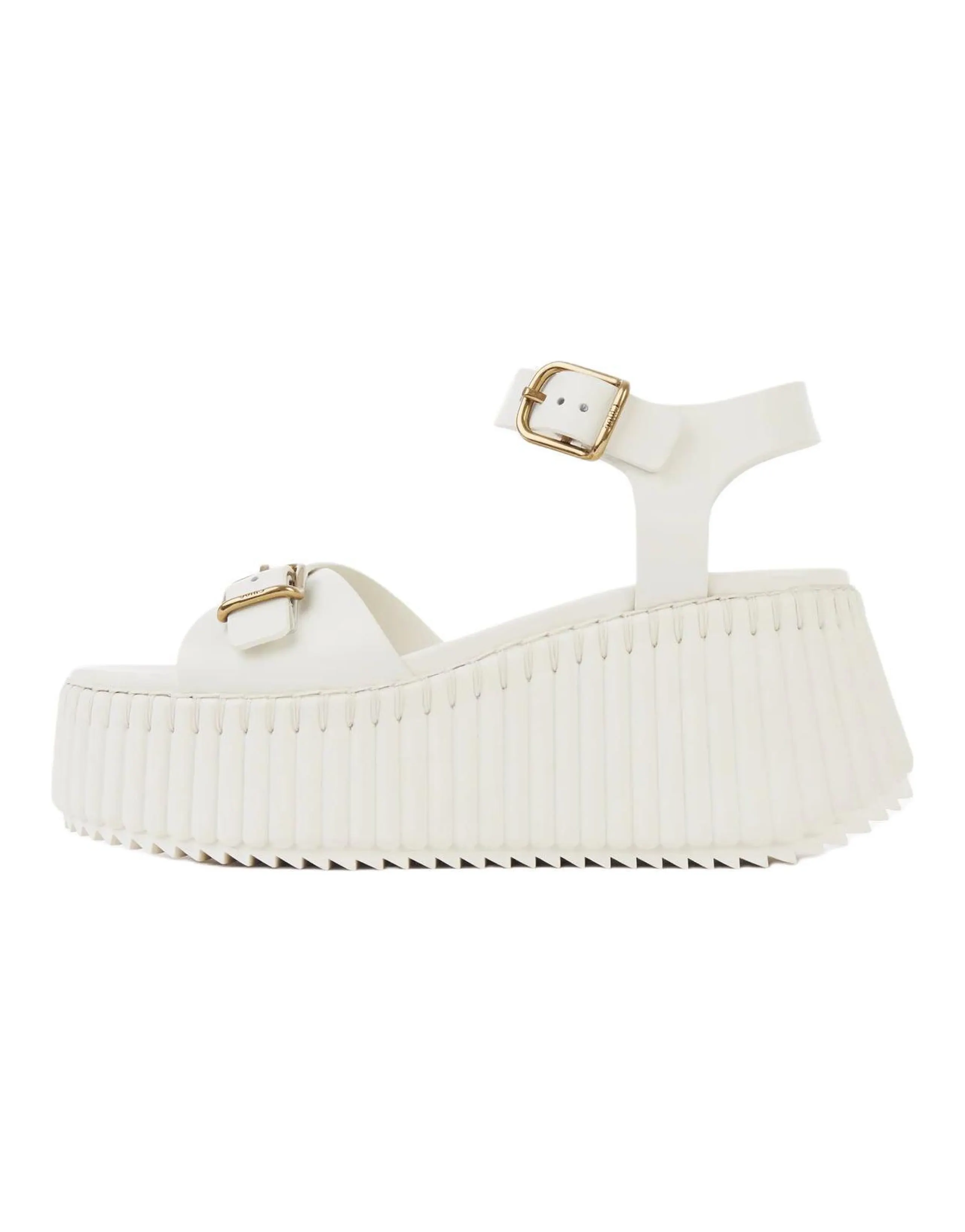 Chloe Nama Calfskin Round Toe Buckle Wedge Sandals 8cm Women's White