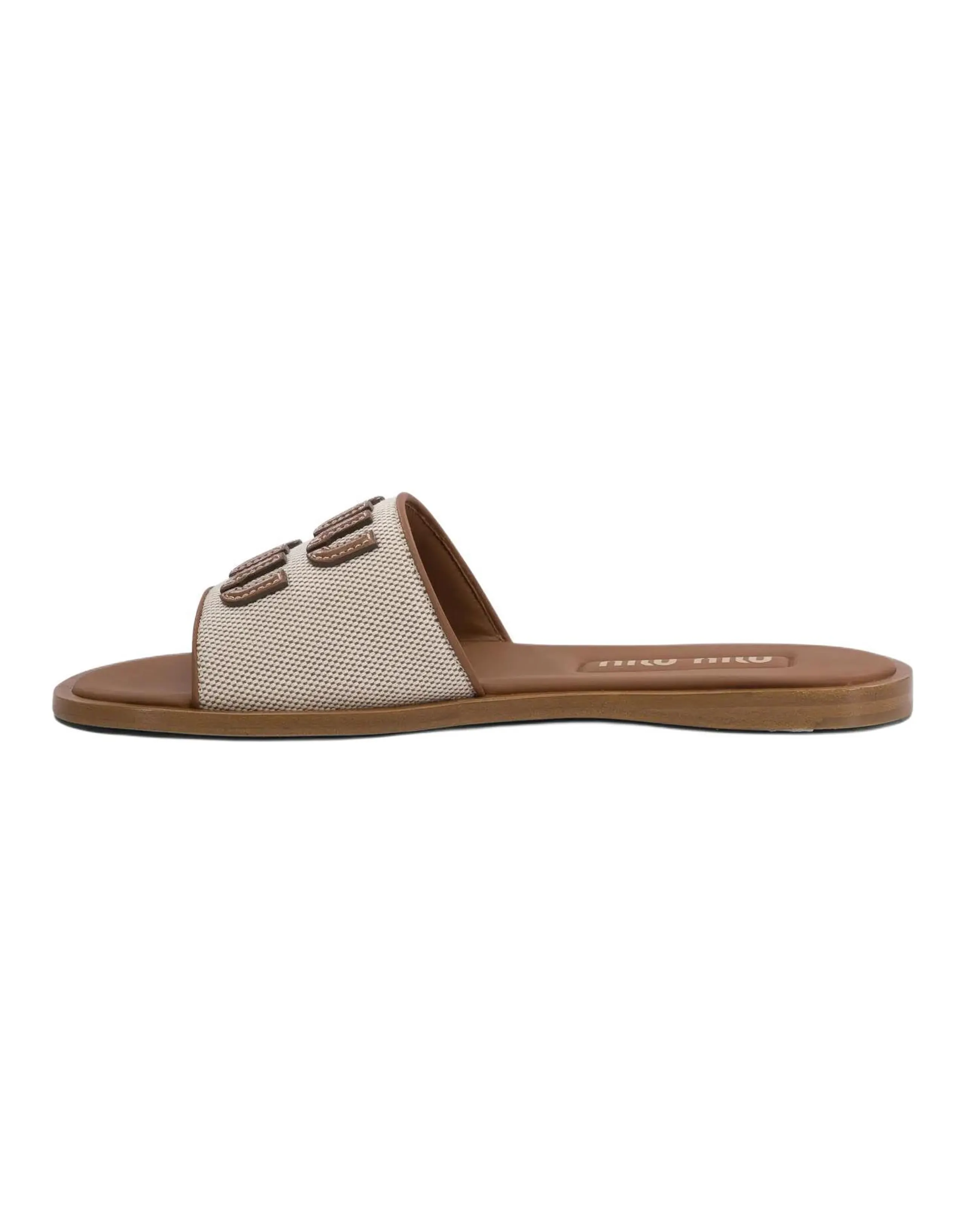 MIU MIU Canvas Leather Round Toe Flat Flip-Flops Women's Beige Brown