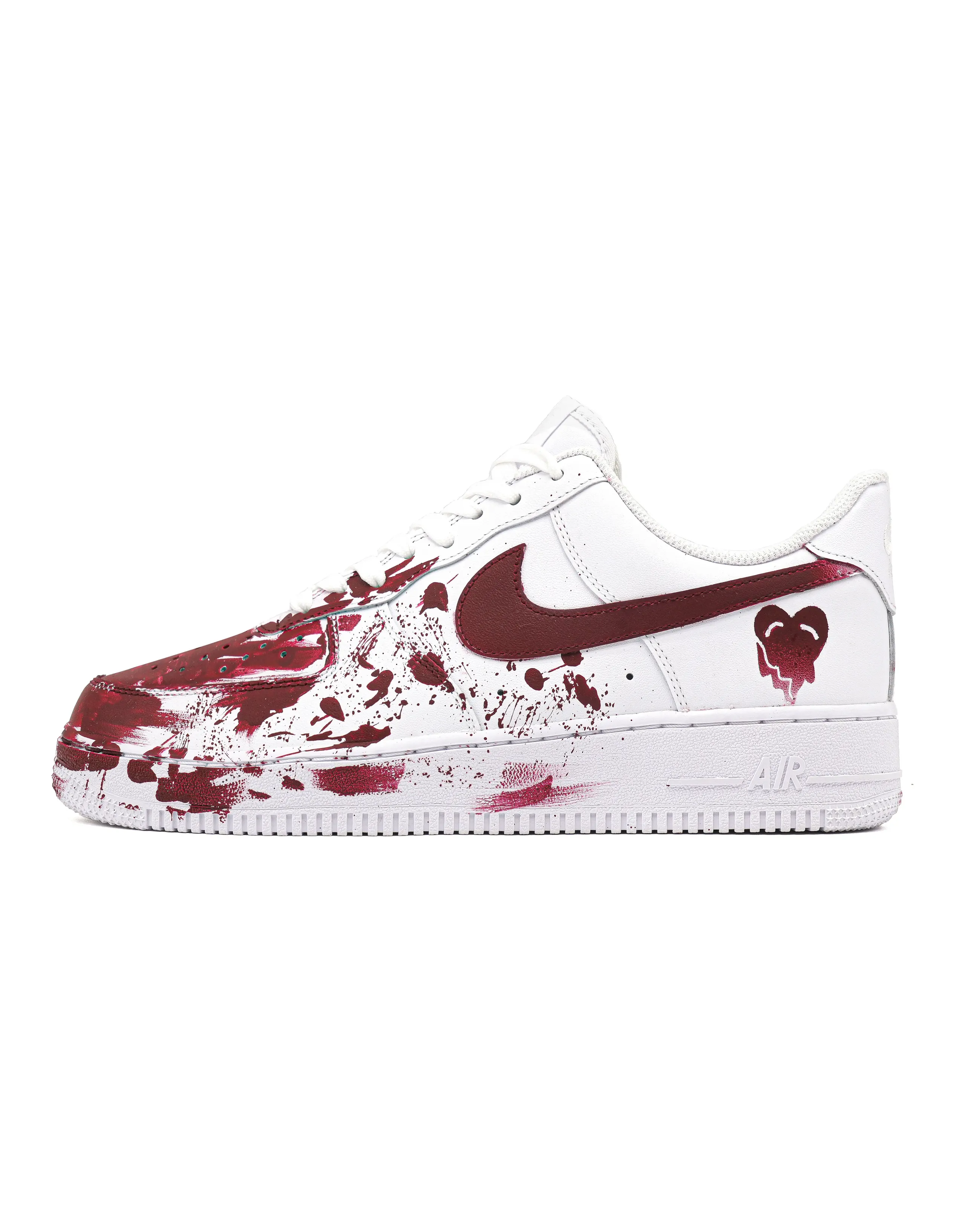 Custom Sneakers: Nike Air Force 1 'Bloody Romance' Irregular Graffiti 'Melting Heart' Splatter Versatile Lightweight Low-Top Skate Shoes Unisex White Red