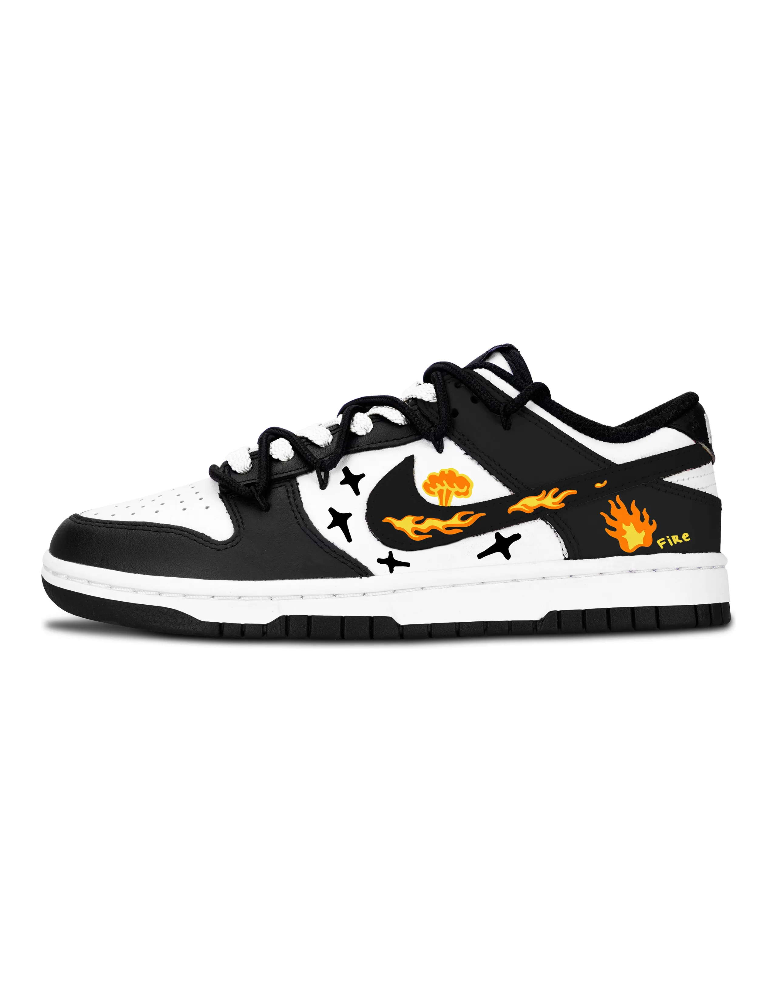 Custom SneakersNike Dunk Black White Panda Flame Star Blazing Desire Versatile Distressed Trendy Flame Wear-Resistant Low-Top Skate Shoes Unisex Black