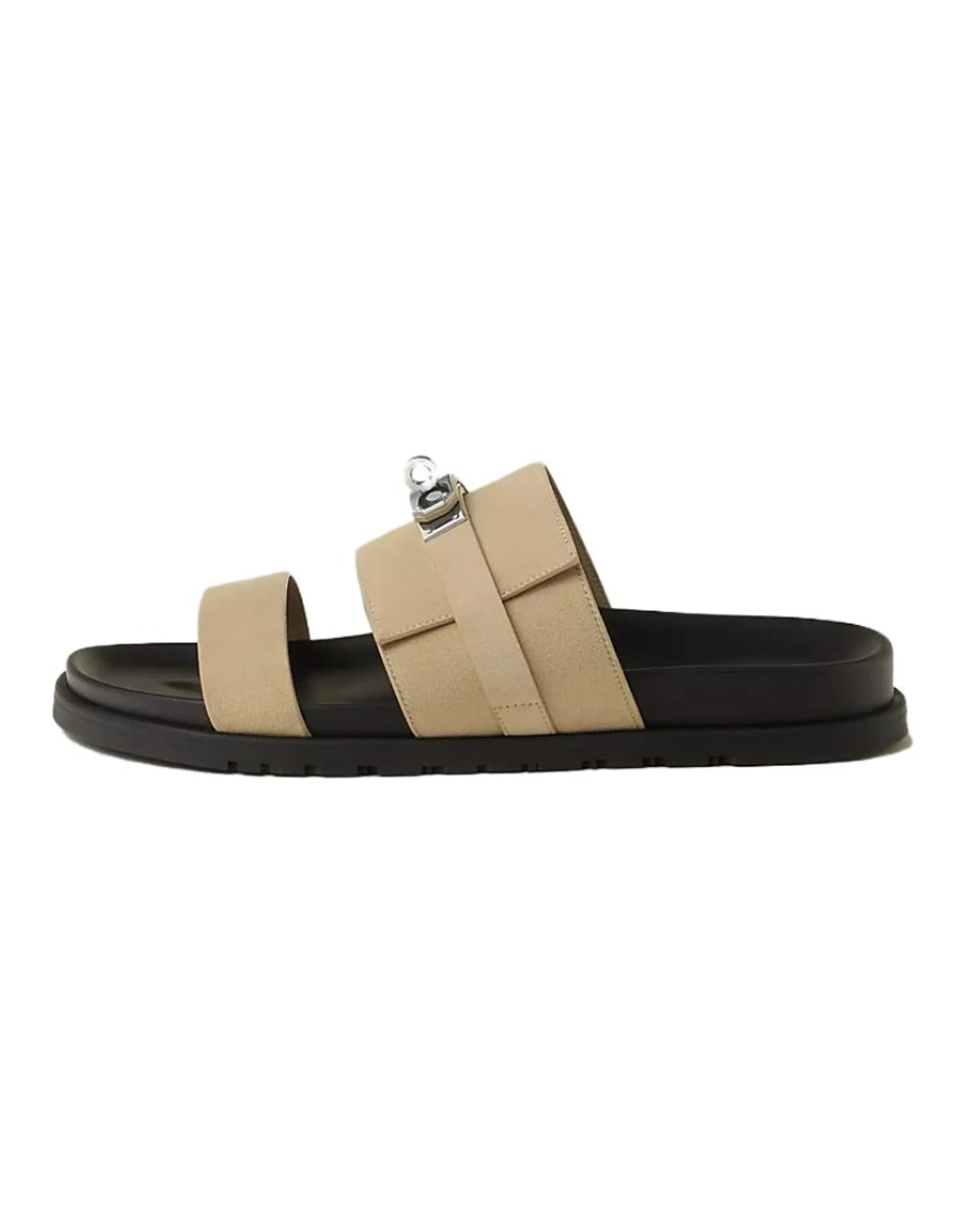 HERMES Day Round-Toe Flat Slide Sandals Men's Beige