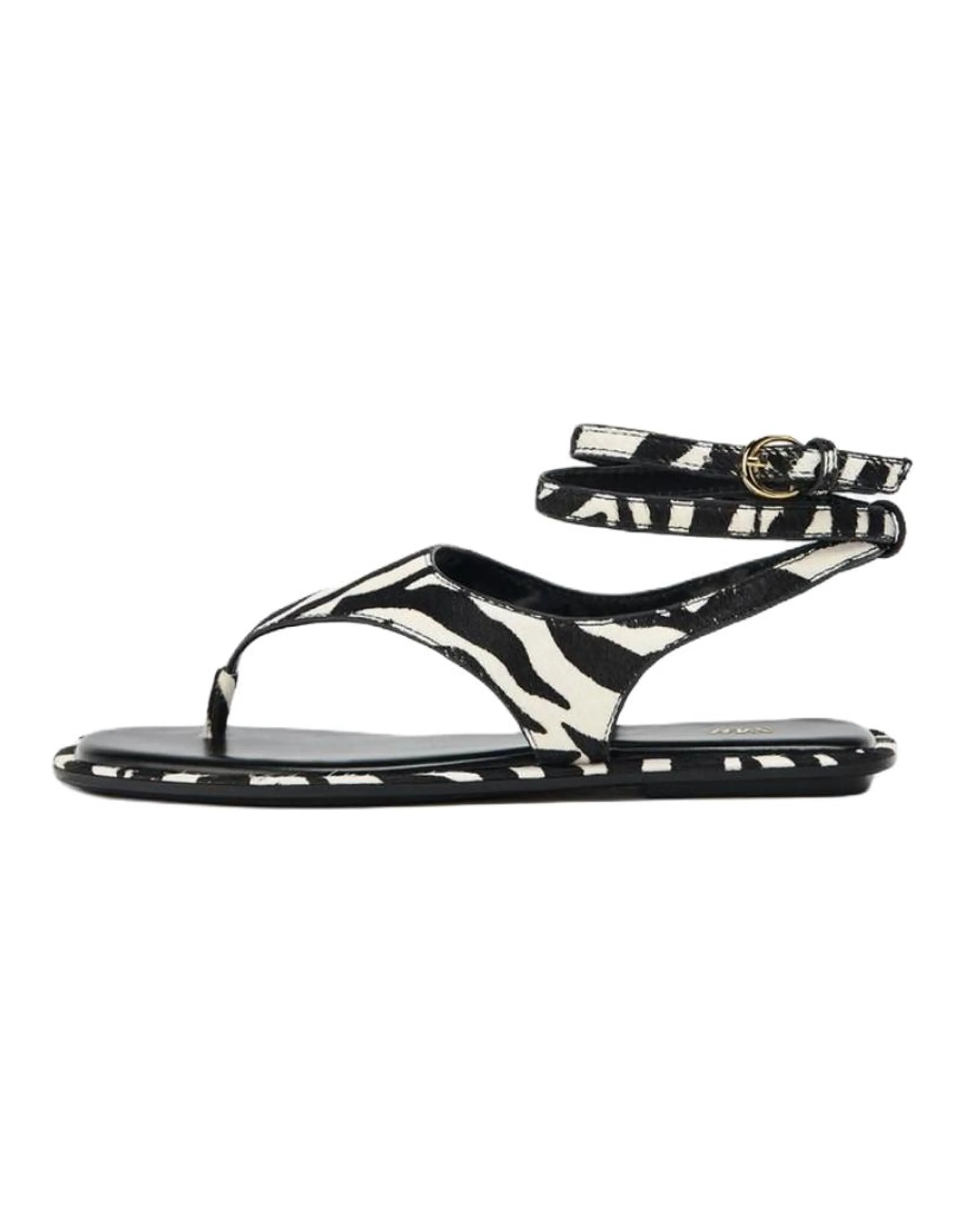 ZARA Commute Lightweight Open-Toe Animal Print Faux Leather Flat One-Strap Sandals 1cm Women's Black White