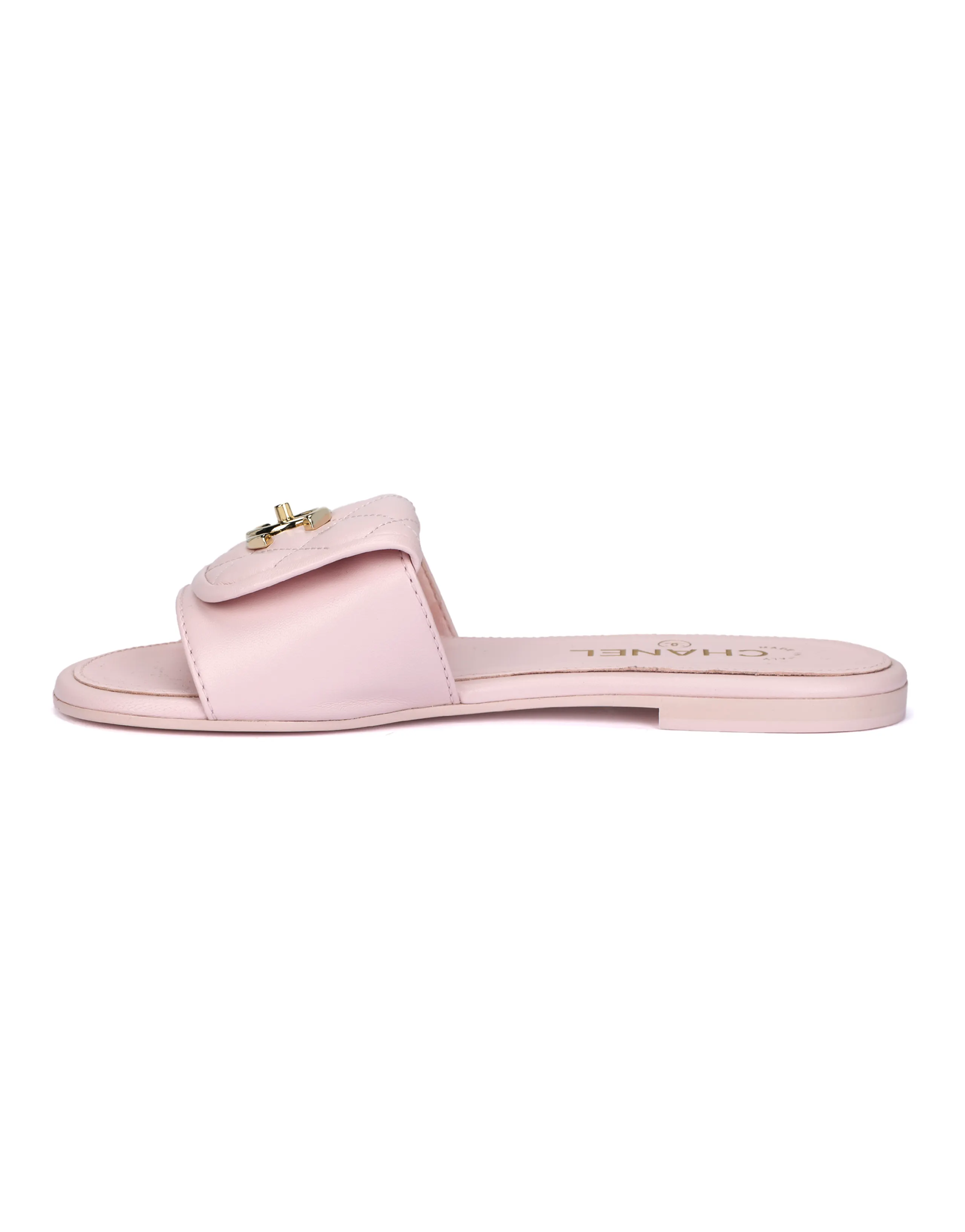 CHANEL 25C Calfskin Flat Open-Toe Buckle Slide Sandals Women's Pink