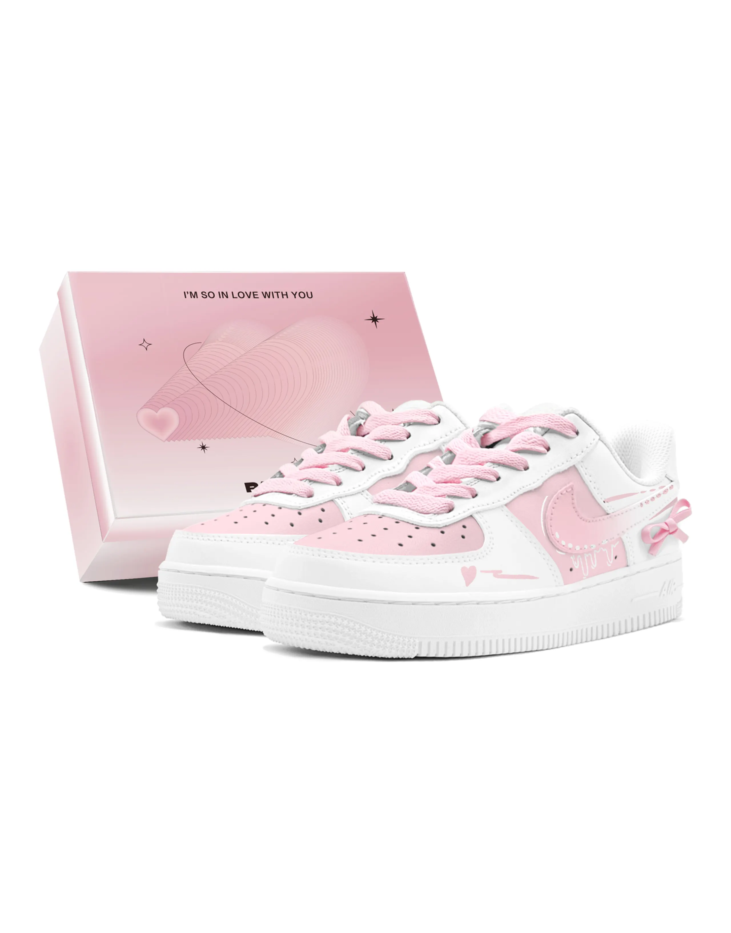 Nike Air Force 1 Couple's Romantic Gift Pink Heart Bow Sweet Special Box Low-Top Skate Shoes Women's Pink White