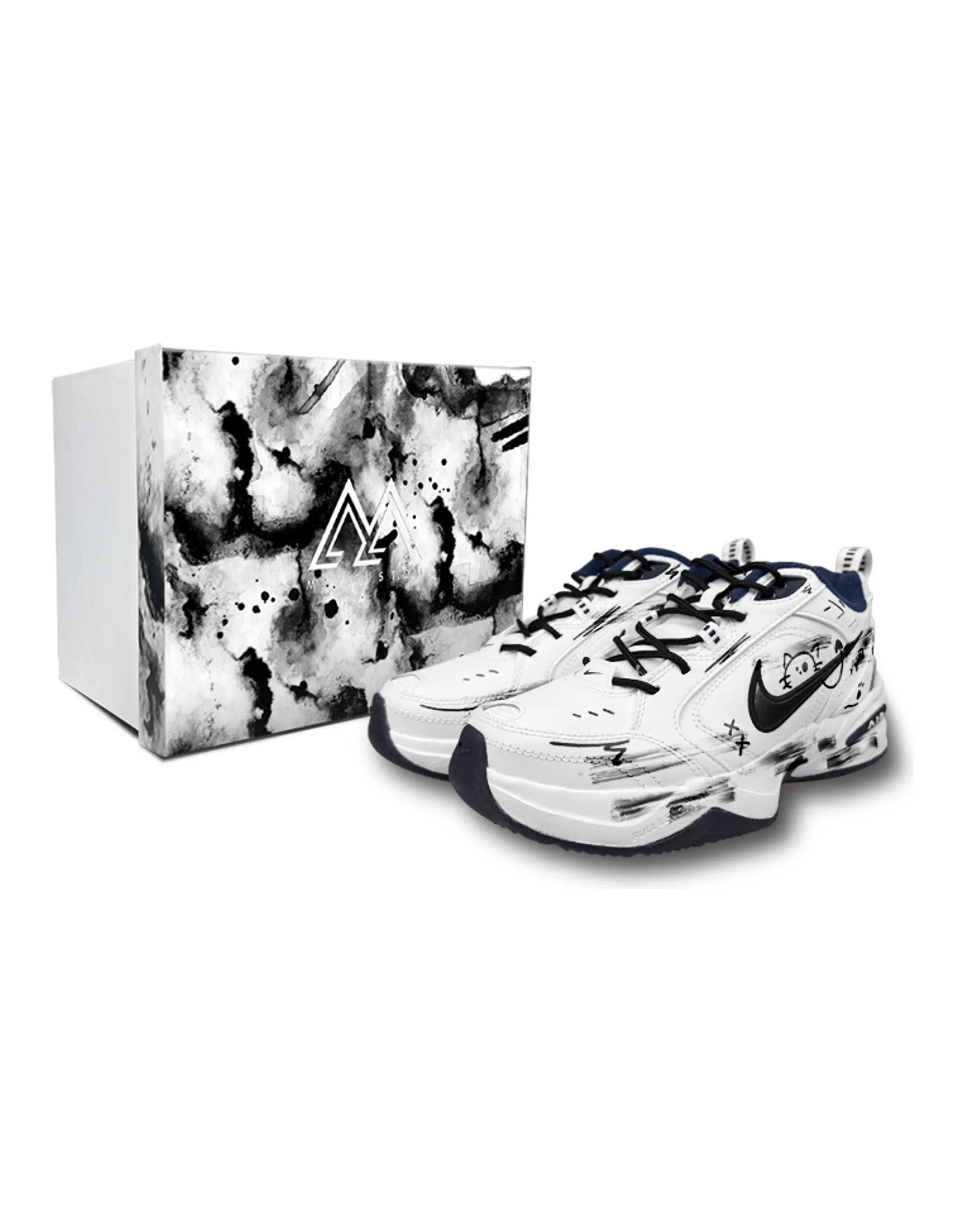 Custom Sneakers Nike Air Monarch 4 Fabric Leather 'ZY Simple Black Cat' Graffiti Art Cute Hand-Drawn Gift Box Low-Top Dad Shoes Unisex