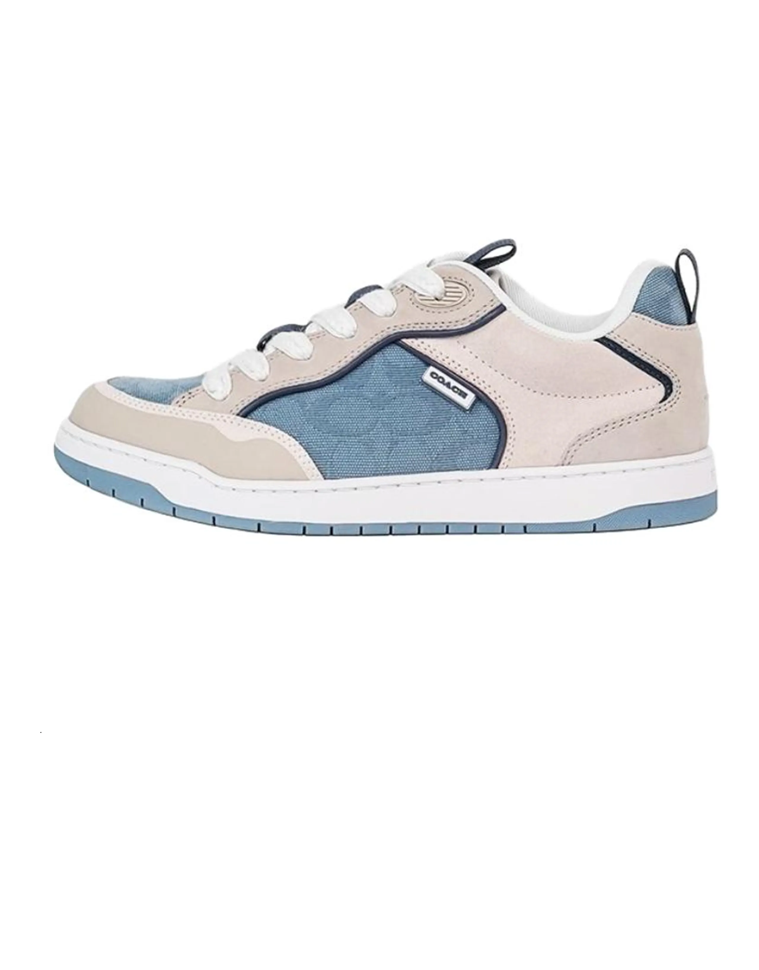 COACH C023 Sneaker Fabric & Cow Split Leather & Cow Leather Round Toe Lace-Up Low-Top Sneakers Women's Grey Blue