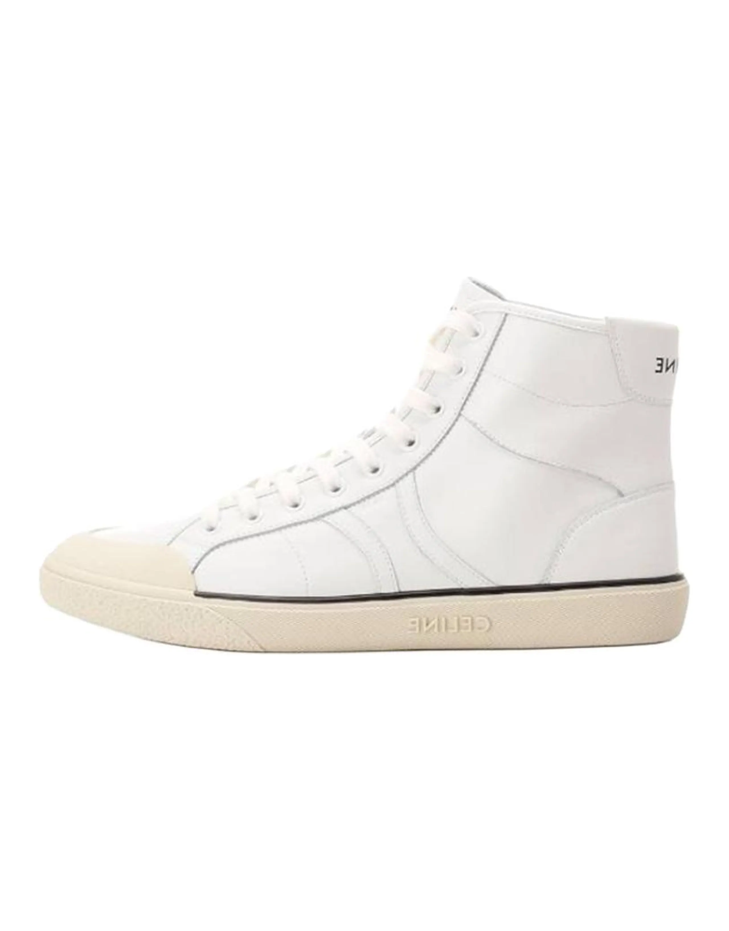 CELINE Round Toe Lace-Up Casual High-Top Sneakers Men's White