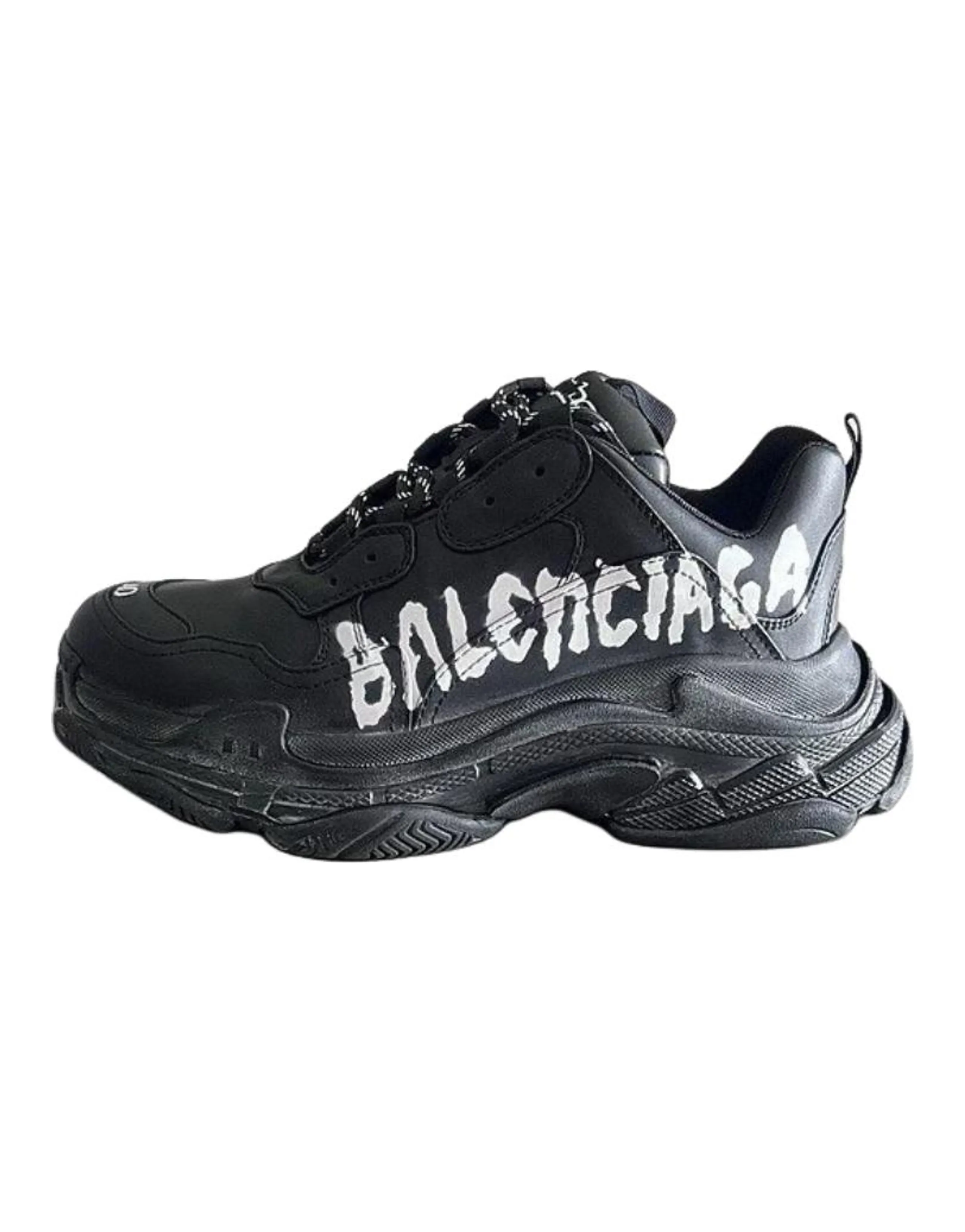 Balenciaga Triple S Synthetic Leather Lace-Up Round Toe Low-Top Dad Shoes Men's Black