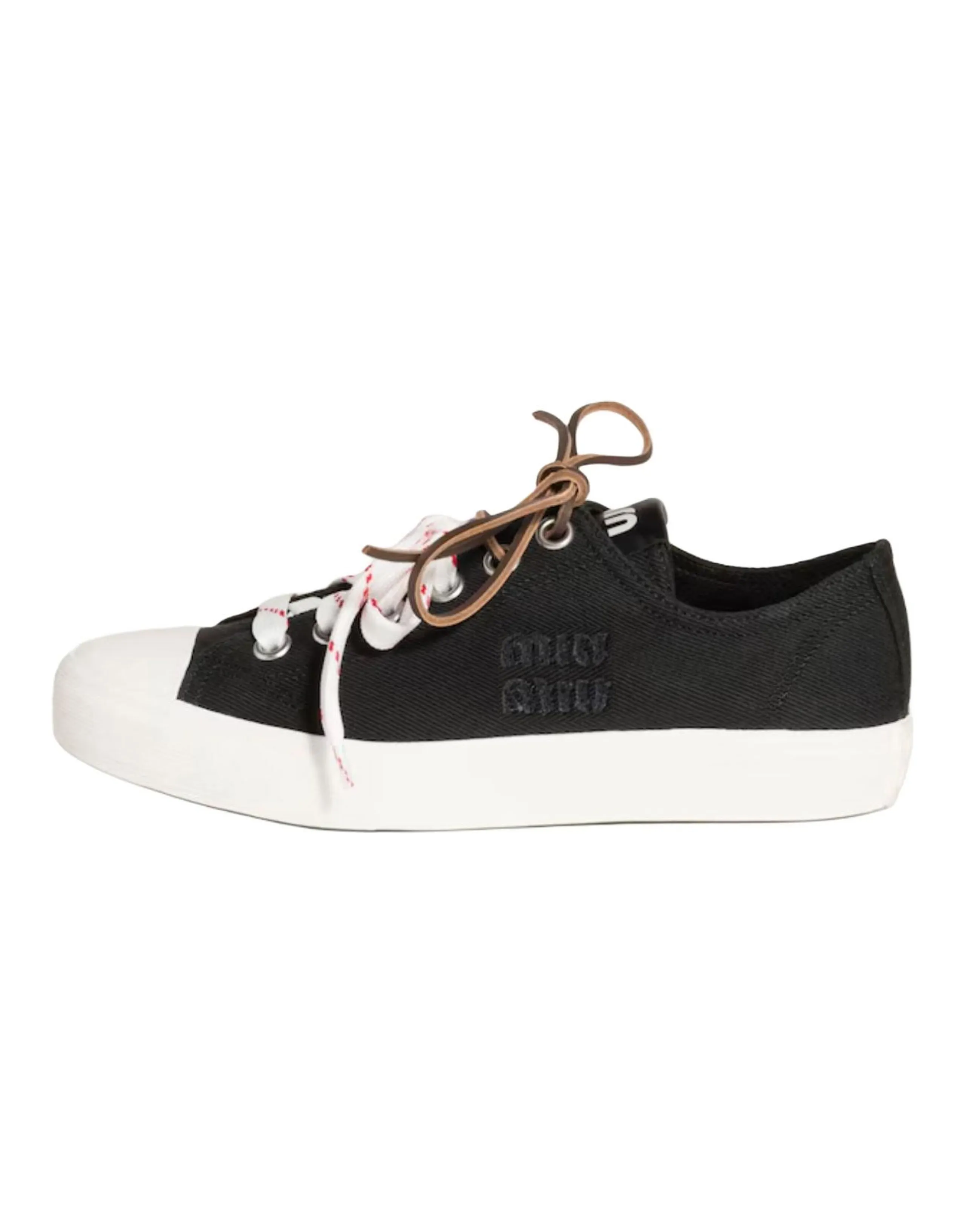 MIU MIU Washed Denim Canvas Round Toe Lace-Up Low-Top Canvas Shoes Women's Black