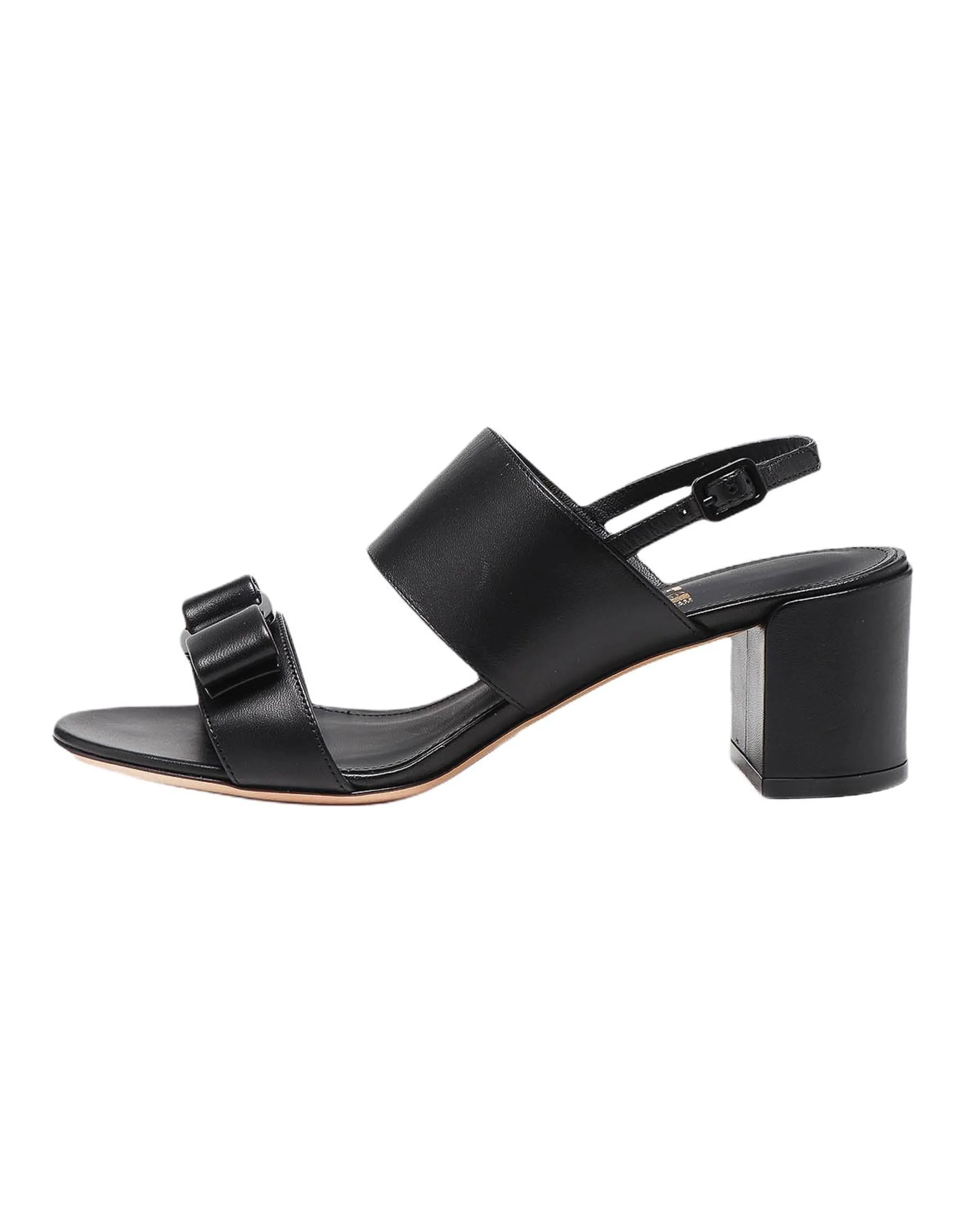 FERRAGAMO Giulia Series Leather Bow Open-Toe Buckle Chunky Heel Single-Strap Sandals 5.5cm Women's Black