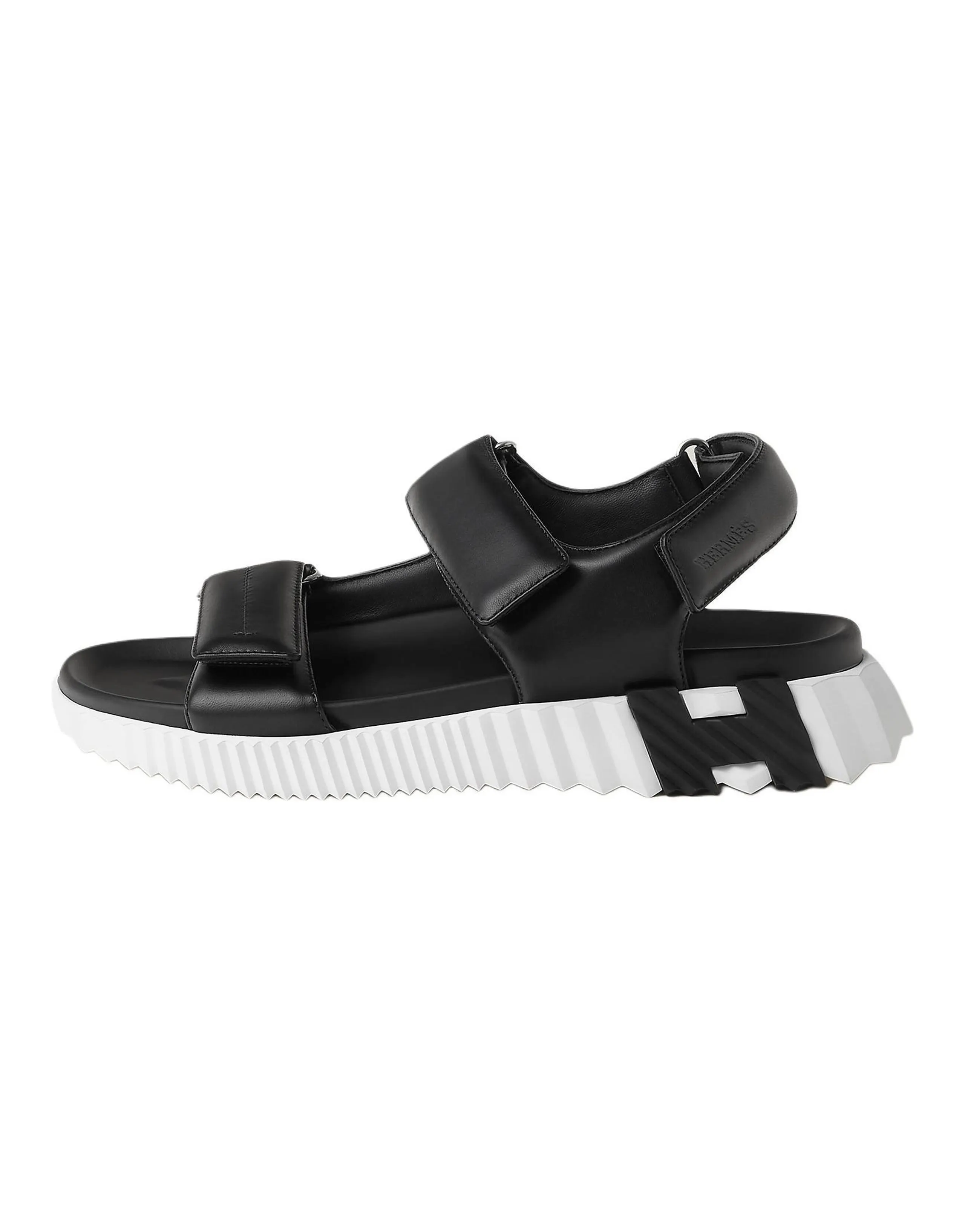 HERMES Junior Leather Open-Toe Hook and Loop Closure Single Strap Sandals 3.8cm Men's Black
