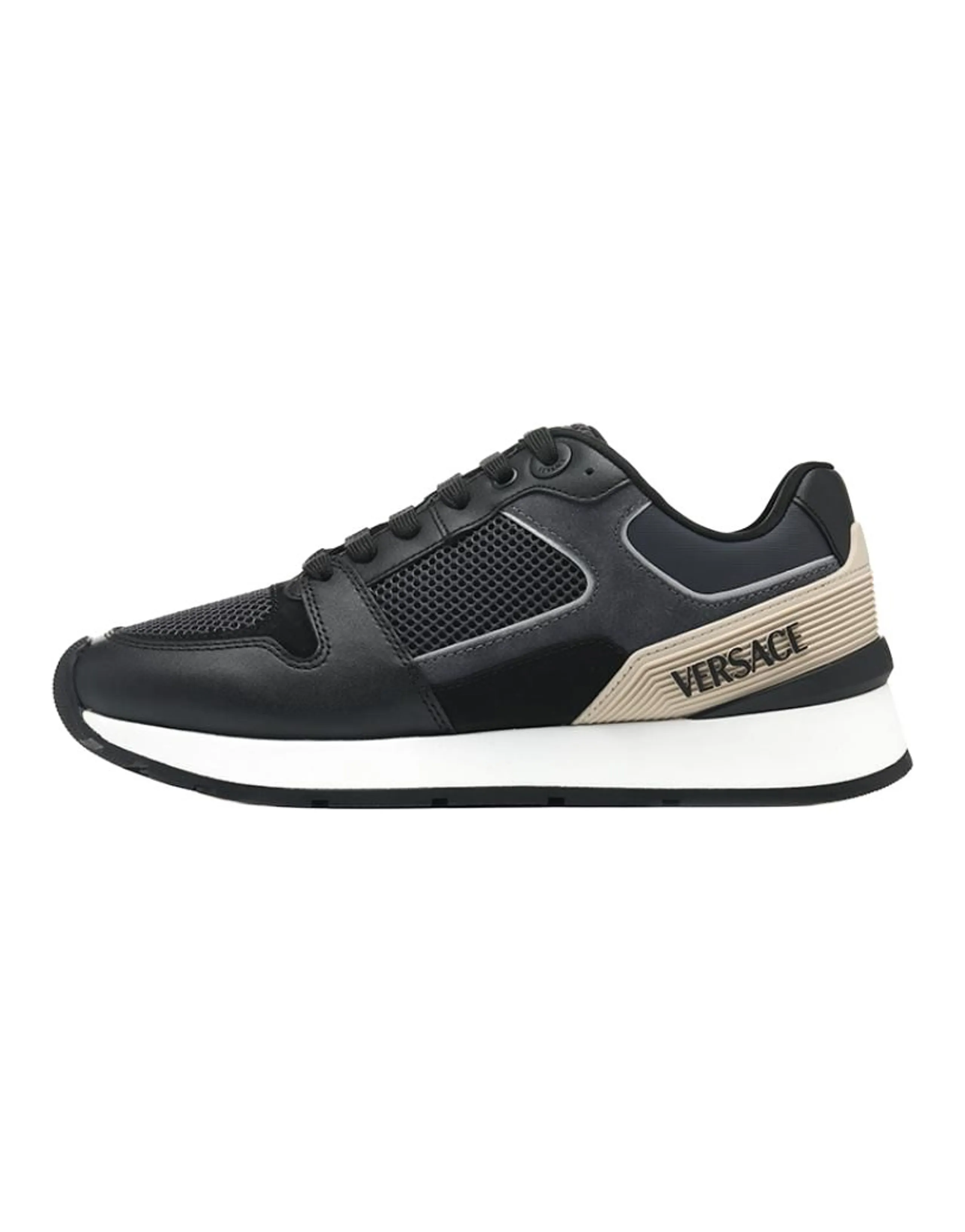 Versace Men's Low-Top Casual Shoes Leather Round Toe Lace-Up Letter Print Black