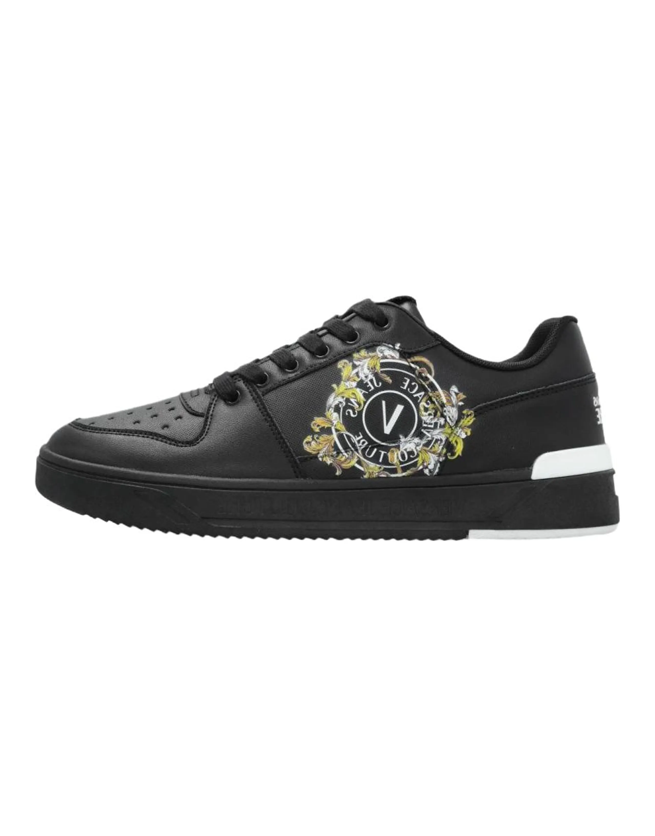 VERSACE JEANS COUTURE Leather Lace-Up Flat Round Toe Low-Top Skate Shoes Men's Black