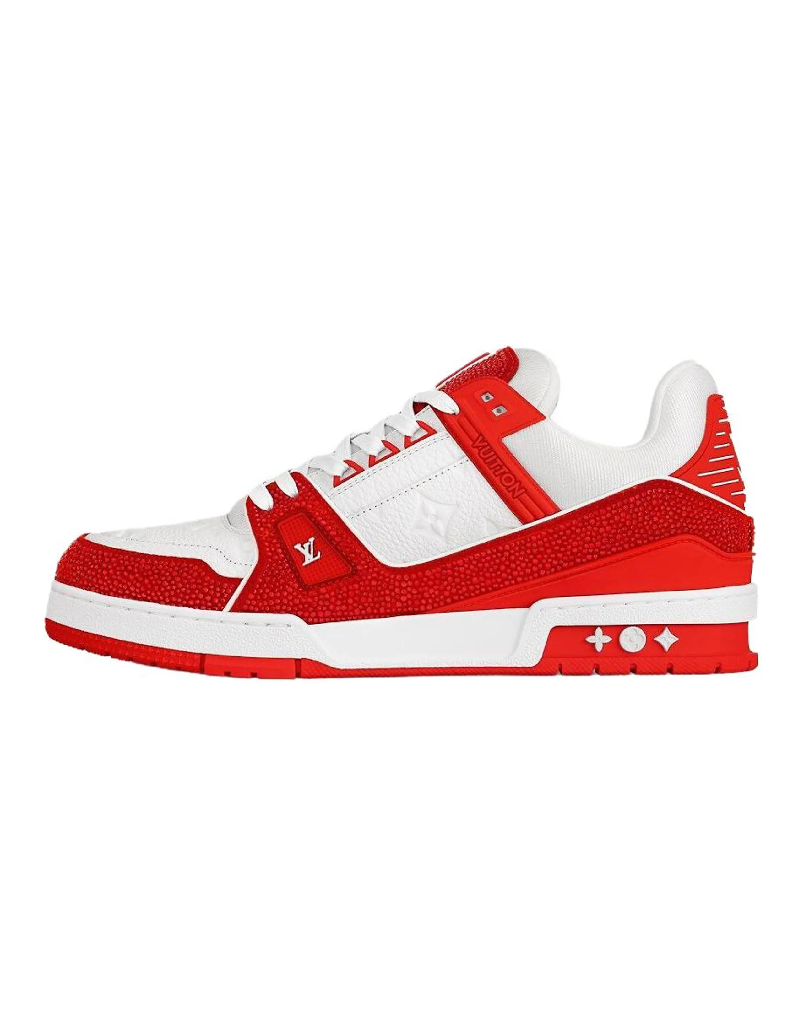 LOUIS VUITTON Trainer Calfskin Leather Crystal Embellished Round Toe Lace-Up Low-Top Sneakers Men's Red