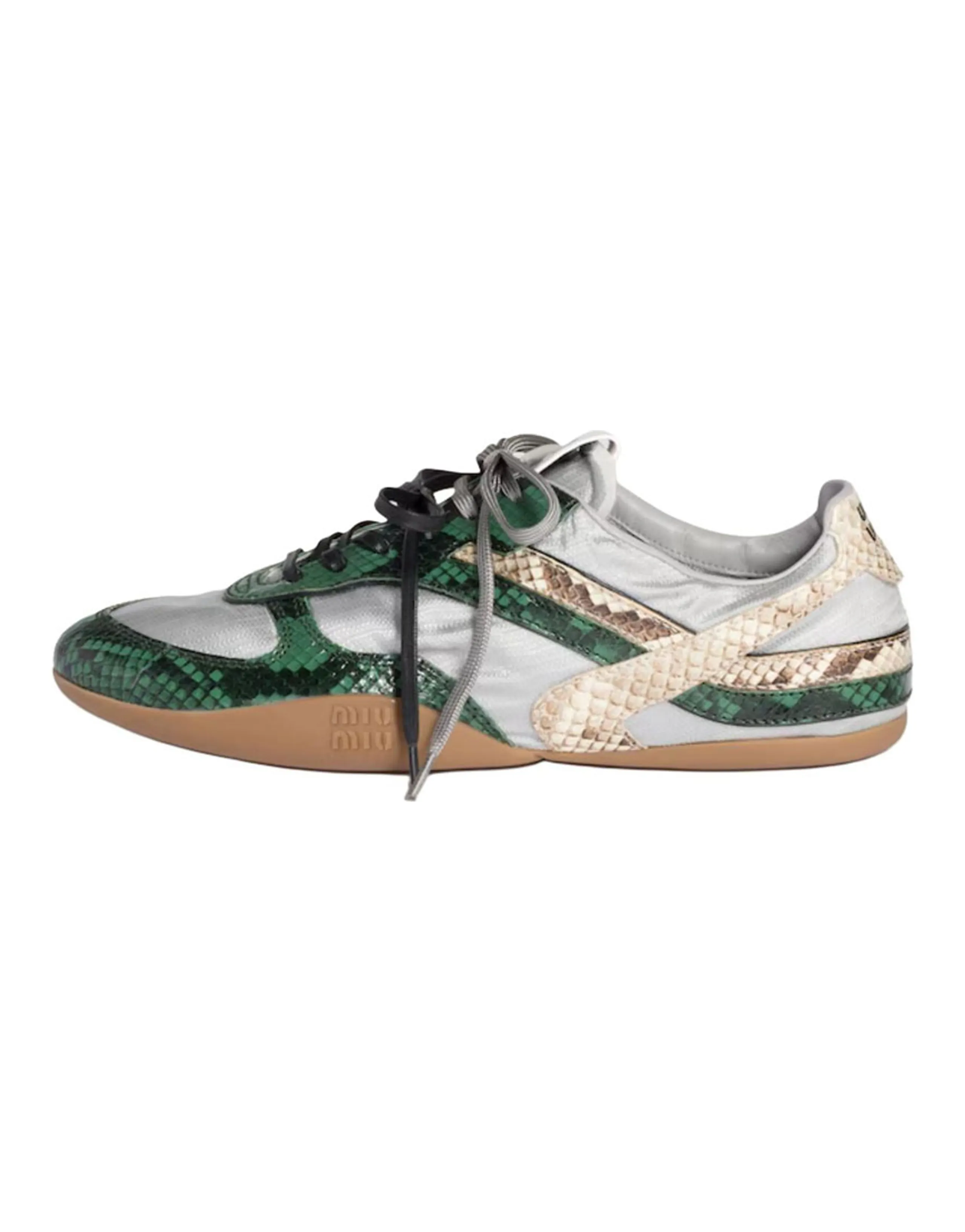 MIU MIU Gymnasium Leather Nylon Python Print Low-Top Casual Shoes Women's Silver Green