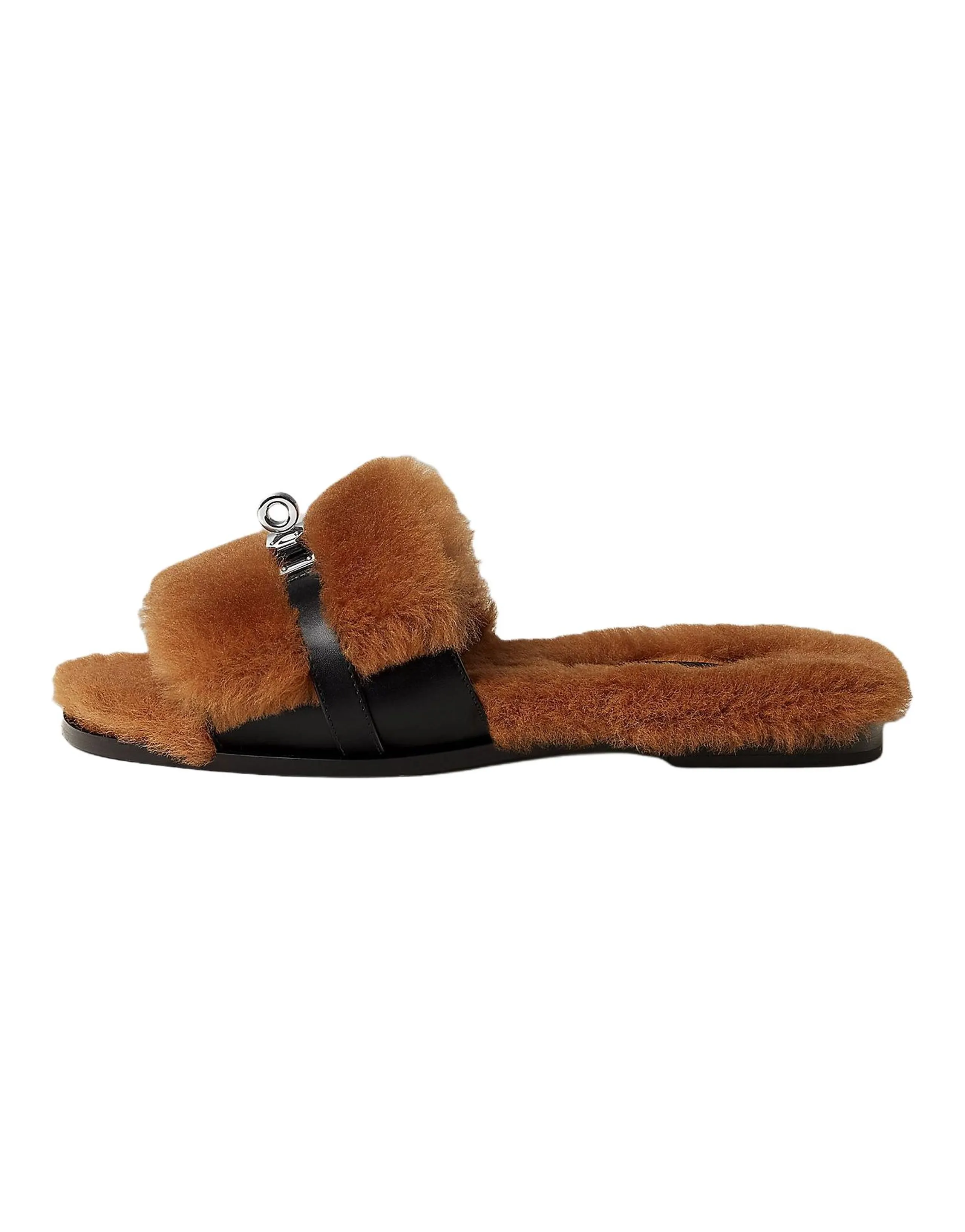 HERMES Giulia Wool Buckle Detail Flat Slide Sandals Women's Brown