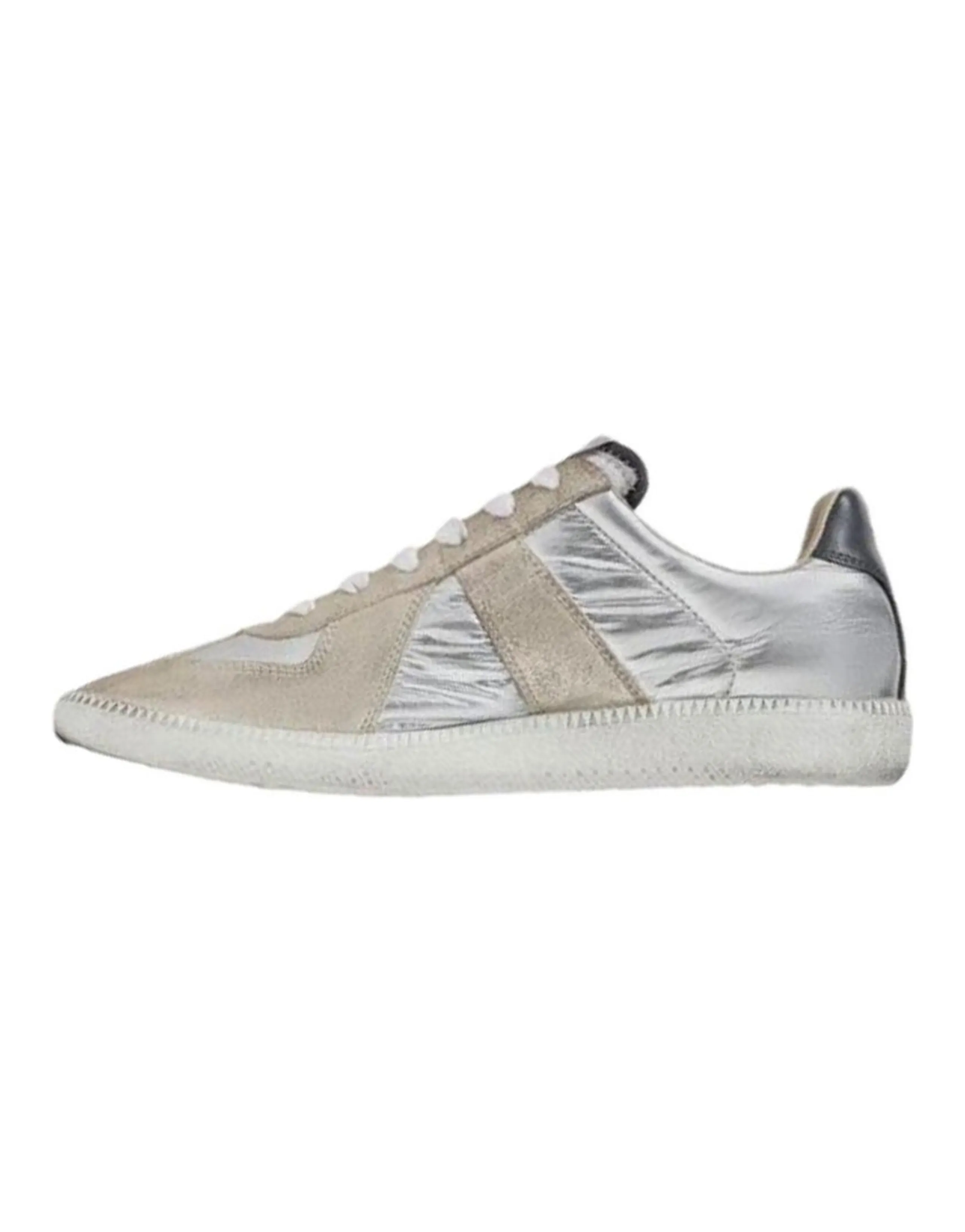 Maison Margiela Replica Fabric Split Leather Cowhide Color Block Design German Trainer Low-Top Skate Shoes Women's Silver